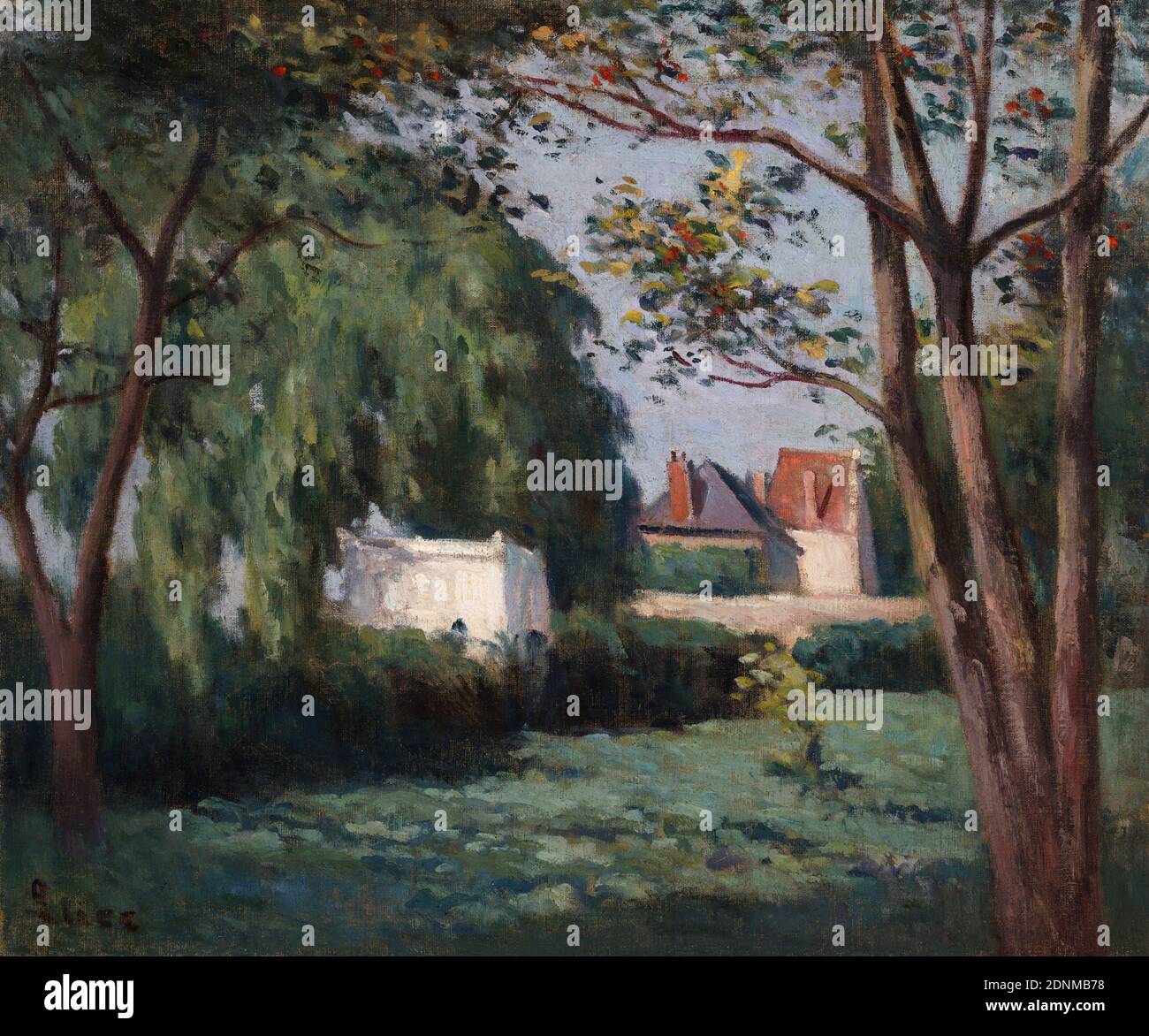Scène de campagne avec trois maisons et arbres, peinture de paysage par Maximilien Luce, vers 1900 Banque D'Images