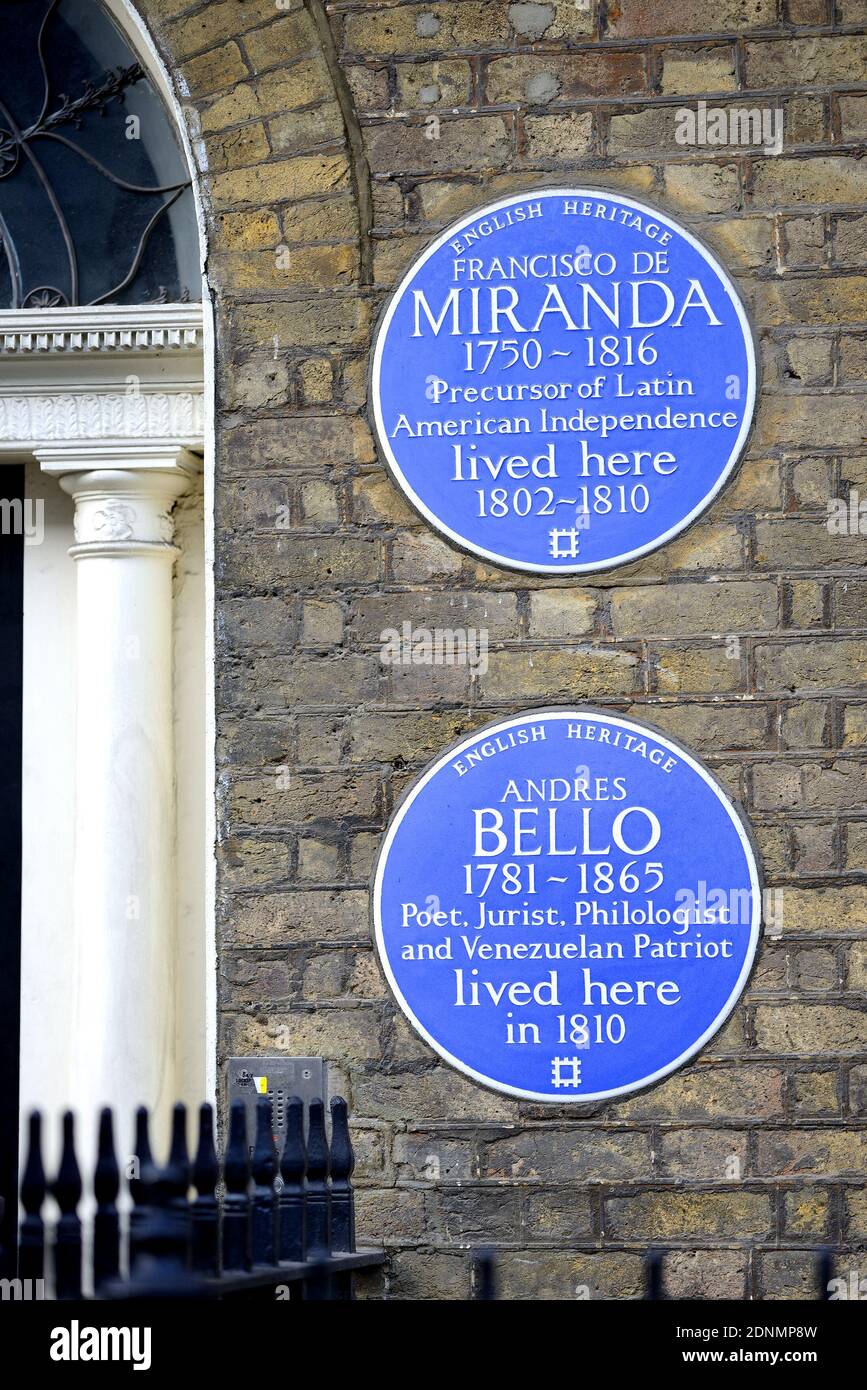 Londres, Royaume-Uni. Plaques commémoratives au 58 Grafton Way: Francisco de Miranda 1750-1816 et Andres Bello 1781-1865... Banque D'Images