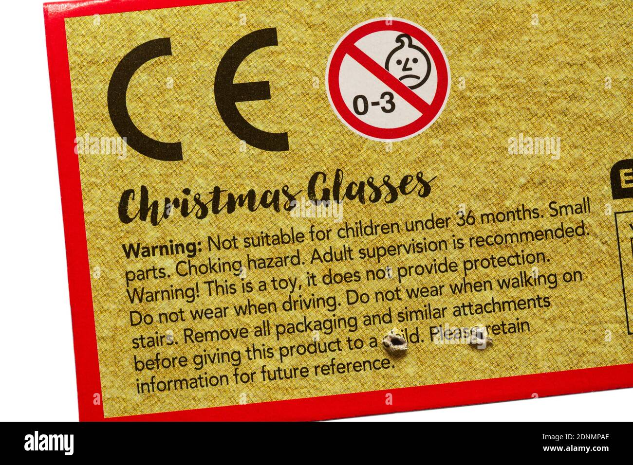 Message d'avertissement et logo marquage ce sur l'emballage De lunettes de Noël Wilko Banque D'Images