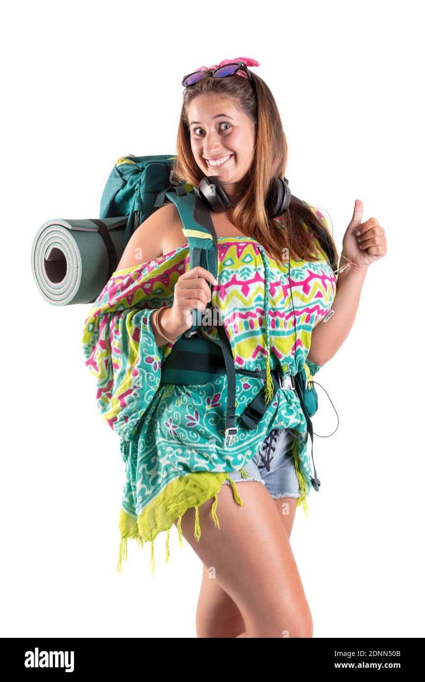 Superbdevotie fille avec sac à dos en blanc isolé, trekking et voyage vie concept Banque D'Images