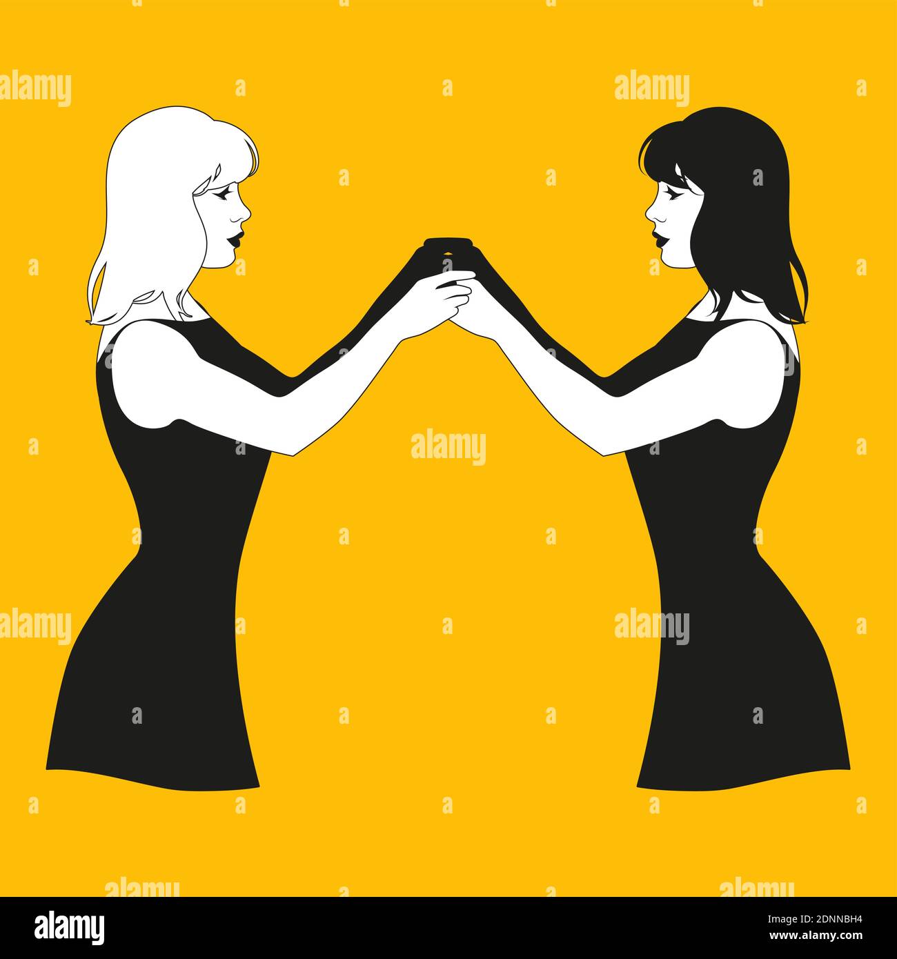 Illustration de deux filles jumelles avec les mains jointes face à l'autre. Gémeaux. Illustration de Vecteur
