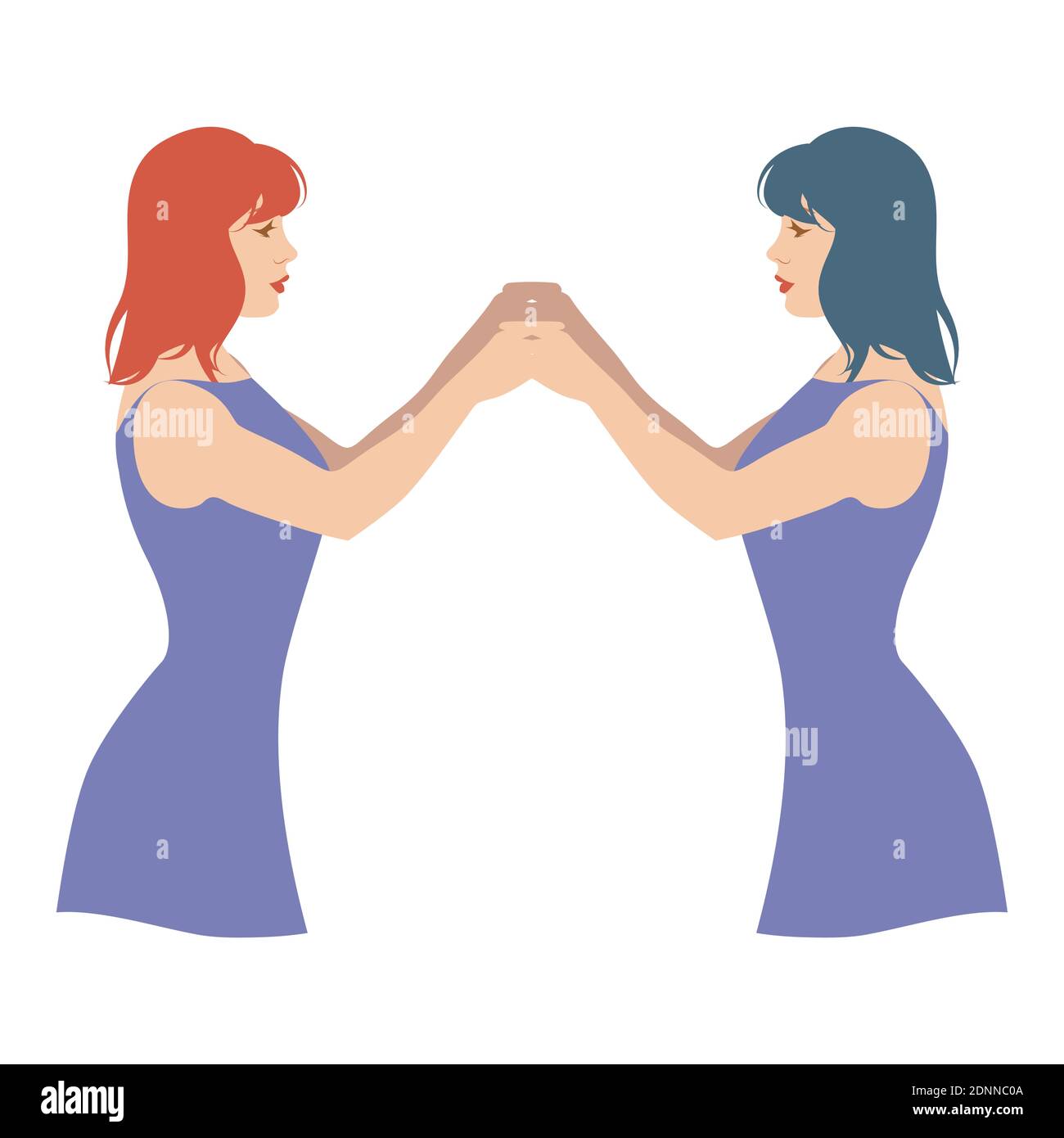 Illustration de deux filles jumelles avec les mains jointes face à l'autre. Gémeaux. Illustration de Vecteur