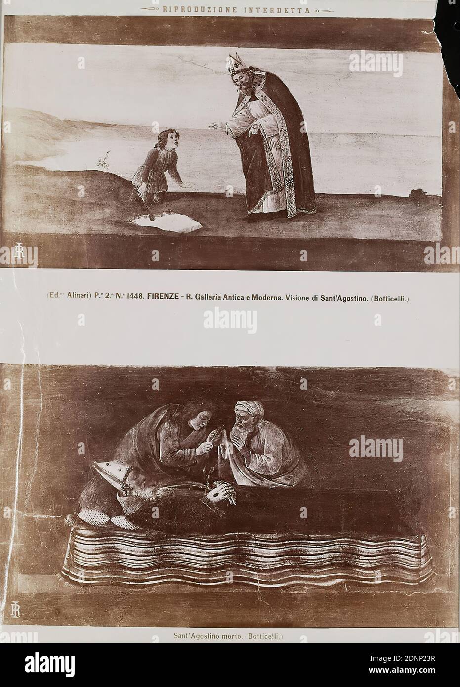 Sandro Botticelli : la vision de Saint Augustine. La mort de Saint Augustine. Galleria dell'Accademia, aujourd'hui Galleria degli Uffizi, Florence, papier albumine, processus positif noir et blanc, taille de l'image: Hauteur: 25.00 cm; largeur: 18.80 cm, FIRENZE - R. Galleria Antica e Moderna. Visione di Sant' Agostino. (Botticelli.) Sant' Agostino morte (Botticelli). Inscrit lisiblement en plomb sur le verso. Verso Stamp Museum for Art and Trade Hambourg, peinture, Augustinus Banque D'Images