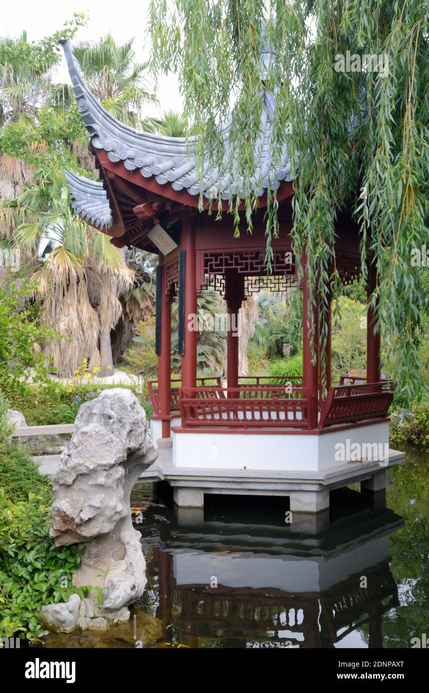 Kiosque chinois ou kiosque Oriental Garden encadré par le saule de Weeping Dans le jardin chinois Borely Park Marseille Provence France Banque D'Images