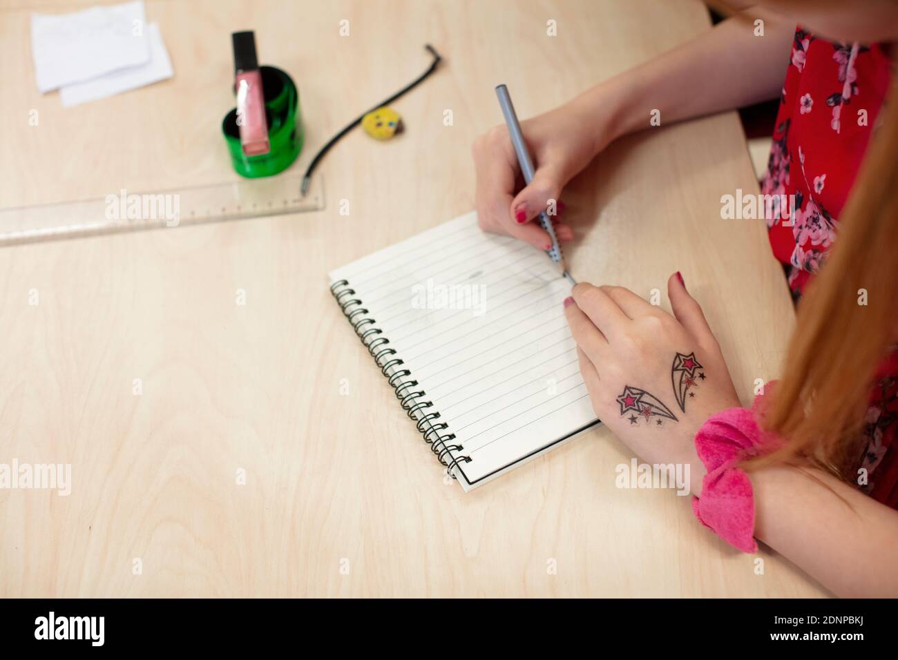 L'écriture de fille dans l'ordinateur portable Banque D'Images