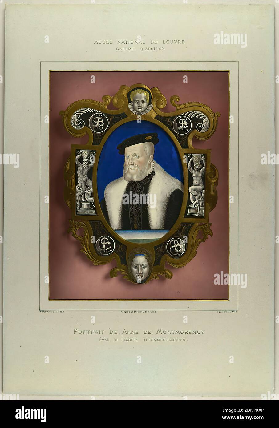 Léon Vidal, Portrait d'Anne de Montmorency, papier, photo-chrome, taille de l'image: Hauteur: 32 cm; largeur: 25 cm, inscrit: Recto: Imprimé au-dessus de la photo: Musée National du Louvre Galerie d'Apollon; en dessous de la photo: Photochromie du moniteur; procédé Léon Vidal B.ième S.G.D.G.; 15 Quai Voltaire. Paris; Portrait d'Anne de Montmorency; verso au crayon: P2013.219.5, artisanat, arts décoratifs, design industriel, portrait, travail des arts appliqués, travail des arts appliqués (métaux), la magnifique Galerie Apollo du Louvre à Paris contient certains des objets d'art les plus précieux Banque D'Images