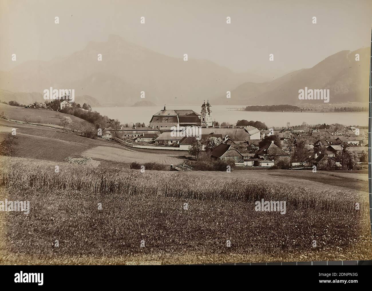 Würthle & Sohn Salzburg, Mondsee, papier albumine, processus positif noir et blanc, total: Hauteur: 19,20 cm; largeur: 24,40 cm, inscrit: Centre du recto: Titre copié, photographie de voyage, photographie de paysage, montagnes, montagnes, lac Banque D'Images