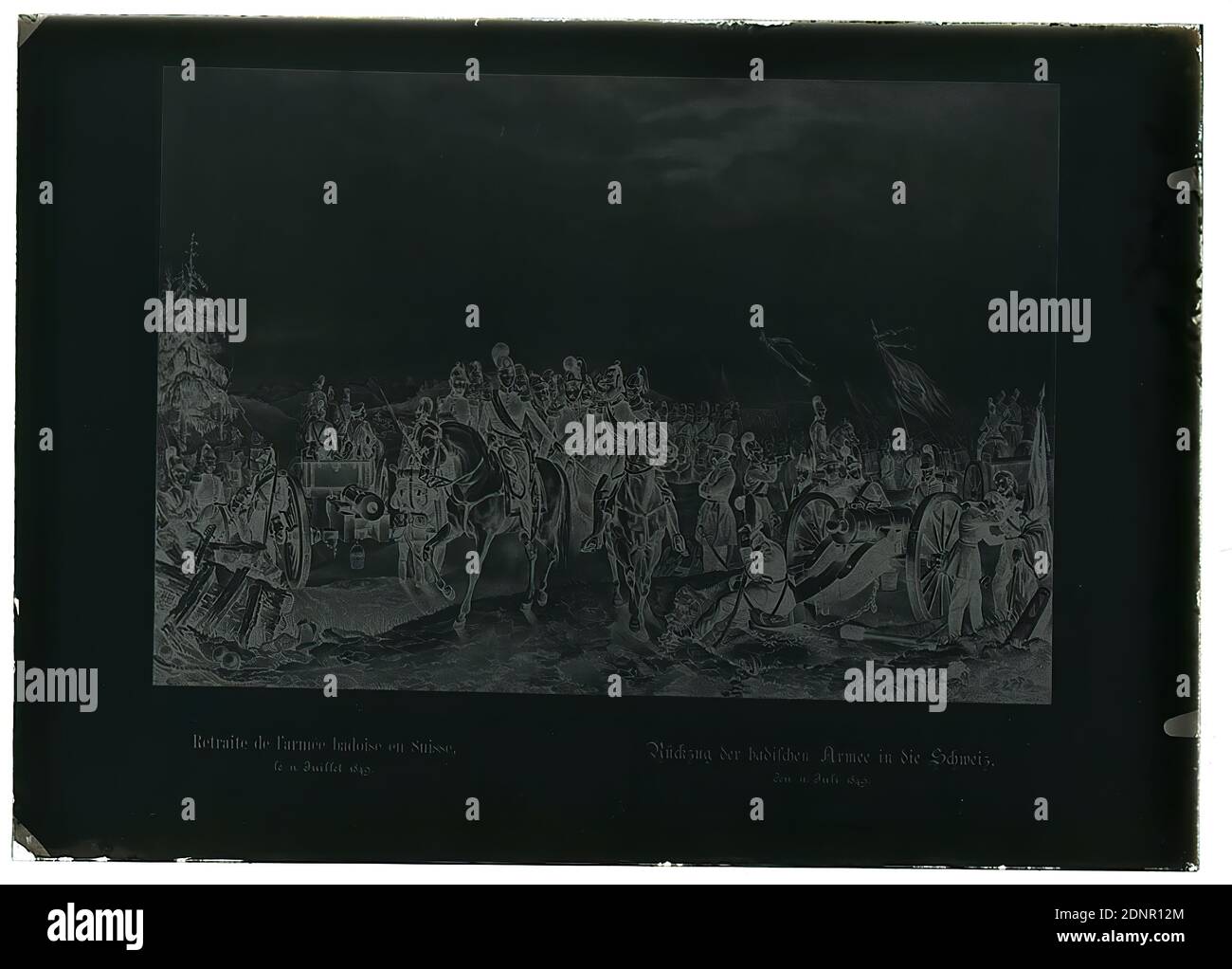 Wilhelm Weimar, retraite graphique de l'armée de Baden en Suisse le 11ème anniversaire de la chute du mur de Berlin juillet 1849, verre négatif, noir et blanc négatif processus, total: Hauteur: 17.8 cm; largeur: 12.8 cm, oeuvre d'arts appliqués (papier), cheval, soldat, vie de soldat/soldat, canon, sapin, commandant en chef, général, maréchal, paysages (zone tempérée), événements historiques des forces terrestres/armées, personnes, lieux, Canton d'Argovie (Baltenschwil, Bergdietikon, Argovie [CH Banque D'Images