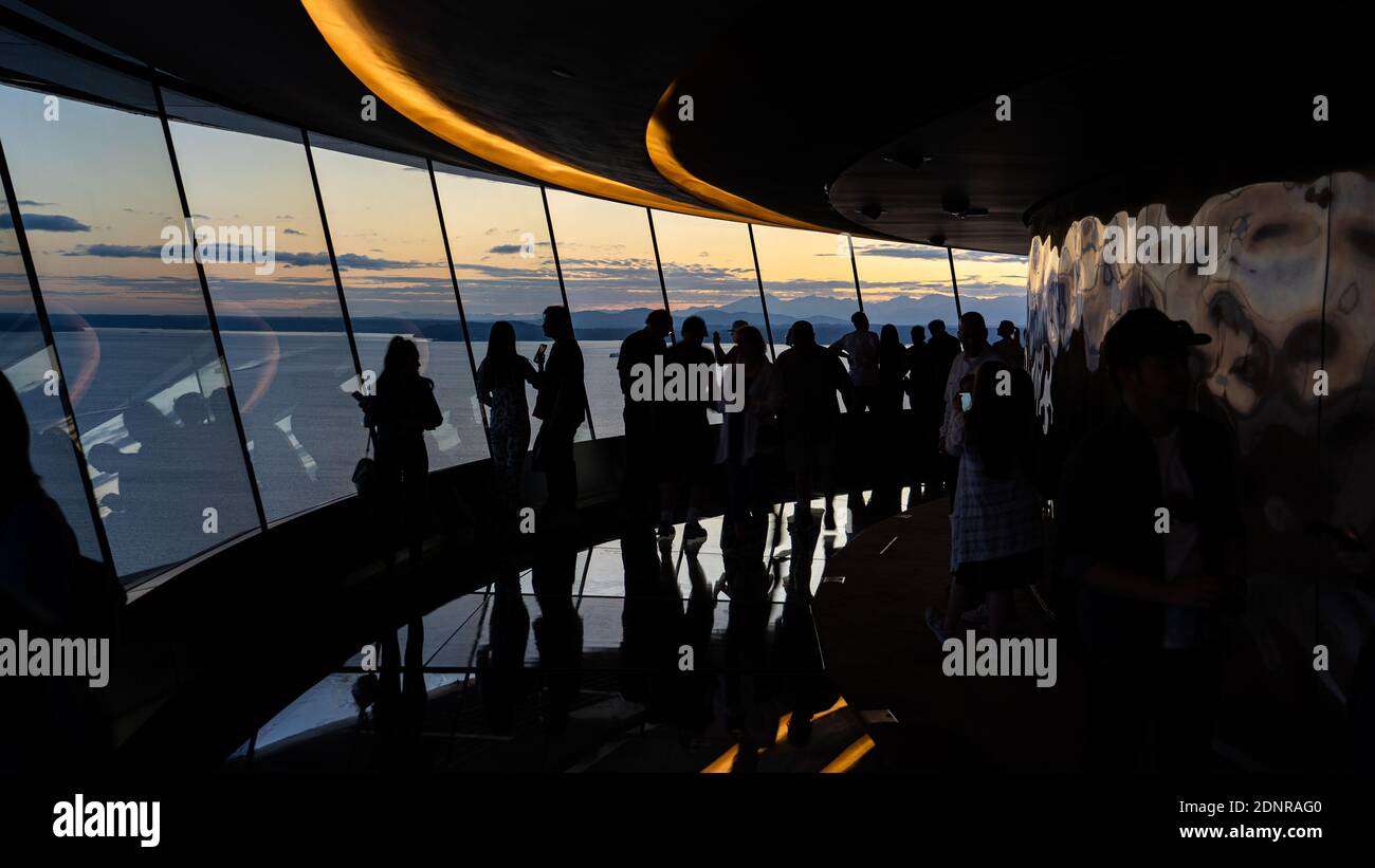 Seattle, Washington, États-Unis - terrasse d'observation intérieure à la tour Space Needle Banque D'Images