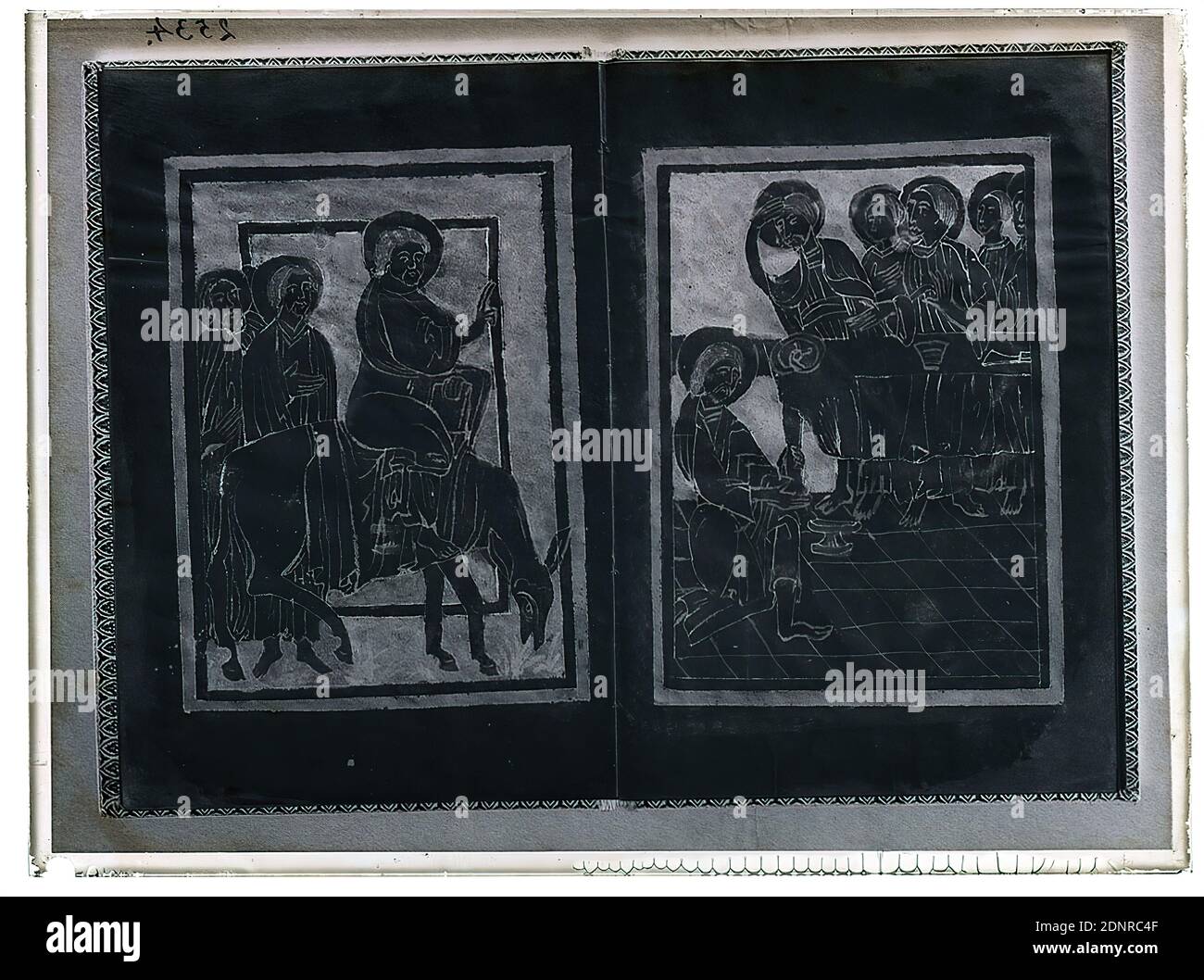 Wilhelm Weimar, scènes de la passion du Christ (illumination du livre), négatif en verre, négatif noir et blanc, total: Hauteur: 23.8 cm; largeur: 17.8 cm, numéroté: Haut à gauche: À l'encre noire: 2534. Oeuvre d'art appliqué (parchemin), Jésus lave les pieds des apôtres, pour commander les diapositives, il avait un morceau de mobilier de collection fait autour de 1917 et a attribué un code numérique à chaque diapositive Banque D'Images