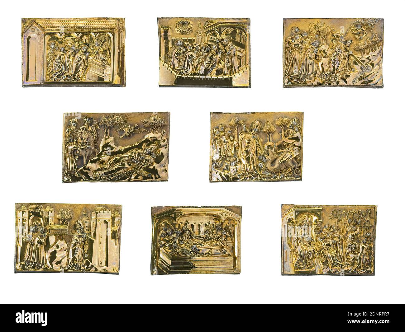Plaques Servatius, argent, doré, objet (par plaque): Hauteur: 10.7 cm; largeur: 13.8 cm; profondeur: 2,5 cm, œuvres d'art / arts appliqués et beaux-arts, reliquaires, travail d'or / argentmith, équipement de l'église, Saints, art médiéval, par gratitude pour une guérison le duc Heinrich de Bavière (1386-1450) a fait don d'un buste reliquaire à l'église Servatius de Maastricht en 1403. Il montre Saint Servatius, qui est mort en 384 comme évêque de Tongern. Les huit plaques de relief dorées en argent ornent à l'origine la base octogonale du buste, qui n'est plus préservée. Avec un grand plaisir narratif et une précision réaliste Banque D'Images