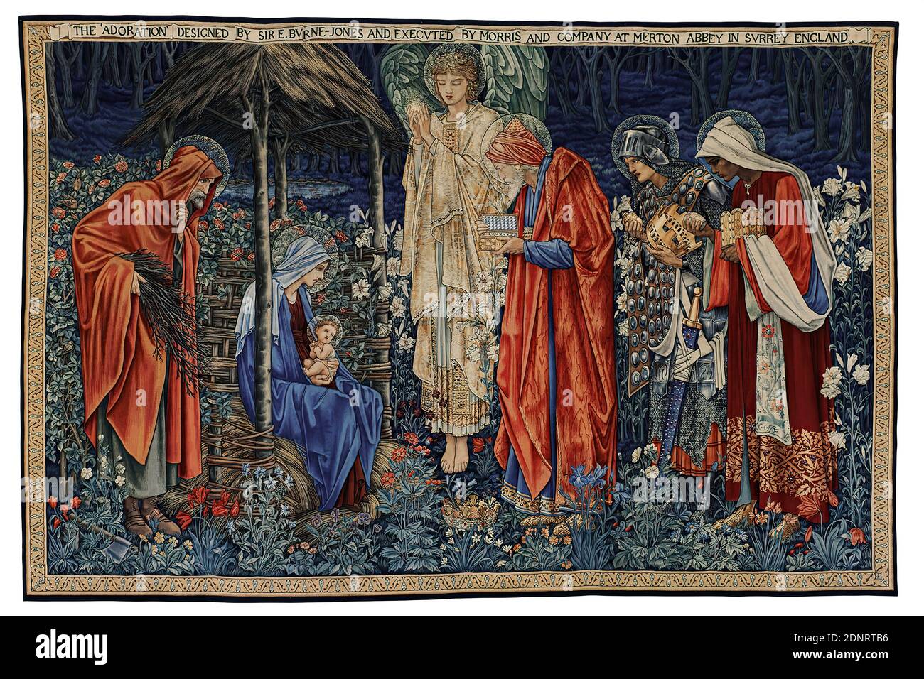 Edward Burne-Jones, Morris & Co, John Henry Dearle, tapisserie adoration des rois, acquis à l'exposition universelle de Paris 1900, coton, Total: Hauteur: 255.00 cm; largeur: 382.00 cm, Réf. En marge supérieure: L'ADORATION conçue PAR SIR E. BVRNE-JONES ET EXECVTED PAR MORRIS ET COMPAGNIE À MERTON ABBEY À SVREY ANGLETERRE, tapisseries, adoration par les Magi, Angels (religion chrétienne), Sainte famille, Magi, fleurs, Art Nouveau, pré-Raphaël, l'image a été créée par la pré-Raphaelite Edward Burne-Jones, Fleur, Fleur-Fleur Le contexte et la frontière de John Henry Dearle ont été ajoutés par Morris & Co Banque D'Images