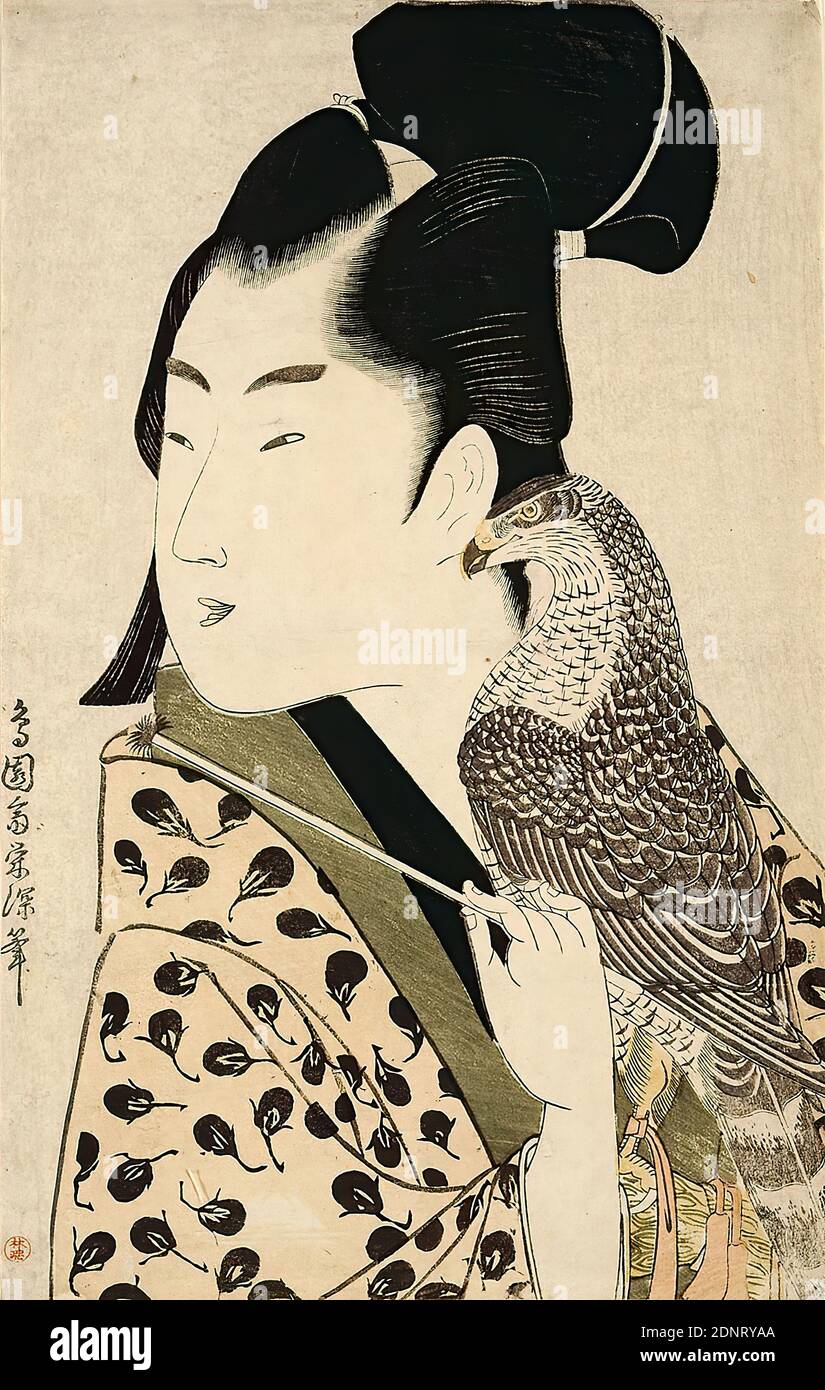 Chōensai Eishin, The Falconer, couleur coupe de bois, Total: Hauteur: 38,00 cm; largeur: 24,10 cm, signé: Signature: Chōensai Eishin hitsu 鳥園斎栄深筆, timbre du collectionneur: Hayashi Tadamasa, gravure, impression, buste, buste, homme, oiseaux, époque Edo, l'imprimé en blocs de bois japonais était un art pour les riches citoyens des XVIIIe et XIXe siècles. Un thème populaire était le monde de l'amusement. Dans cet imprimé en bois, un jeune homme, qui ressemblait à un noble, est présenté en demi-portrait. Il tient un faucon dans sa main gauche et un pinceau dans sa droite. Banque D'Images