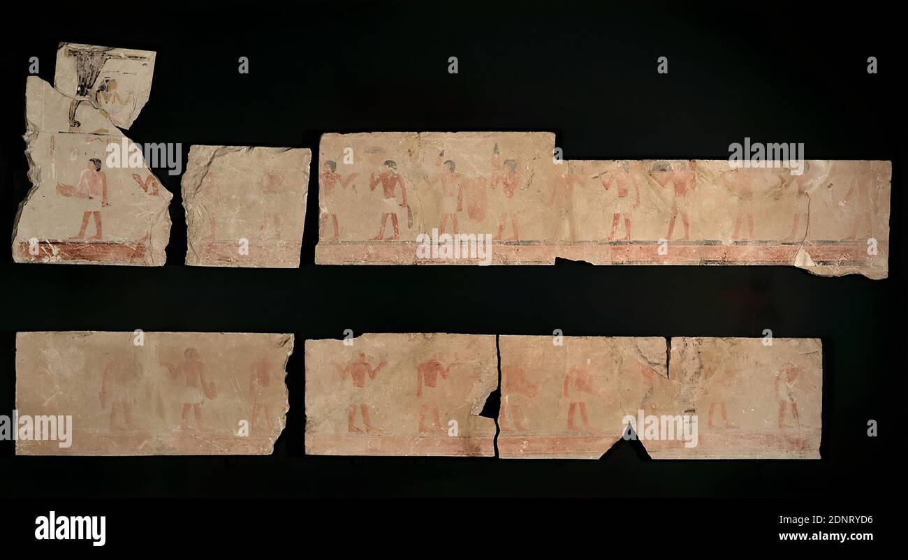 Fragments de relief de la tombe de Chenemu, propriété de la Stiftung Hamburger Kunstsammlungen, calcaire, battu, ciselé, reliefs, coupé, peint, calcaire, dalle (Bloc 1): Hauteur: 56.8 cm; largeur: 48.7 cm; profondeur: 2.3 cm, tombe, reliefs, mort, Burial, rituels et cérémonies, tombe, lieu de sépulture, lieux cultes dans la religion égyptienne, animaux, enterrement, ces reliefs rares et de haute qualité viennent d'une tombe privée du Royaume du Moyen, qui était probablement situé non loin d'Asiut dans la nécropole de Beni Hassam. Banque D'Images