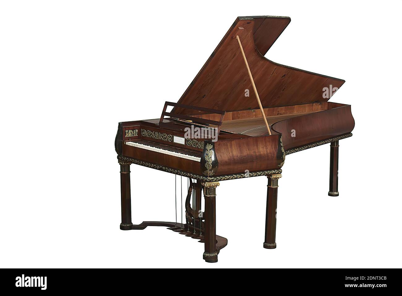 Mathias Müller, Fortepiano, bois, total: Longueur: 2310 mm; largeur: 1160 mm; hauteur: 847 mm, inscription: Au-dessus du clavier sur une plaque rectangulaire en porcelaine: Mathias Müller, citoyen et propriétaire d'une usine K.K. d'instruments privés à Vienne, instruments de clavier, ornements, lyre, lyre, cithare, psalterie, empire Banque D'Images