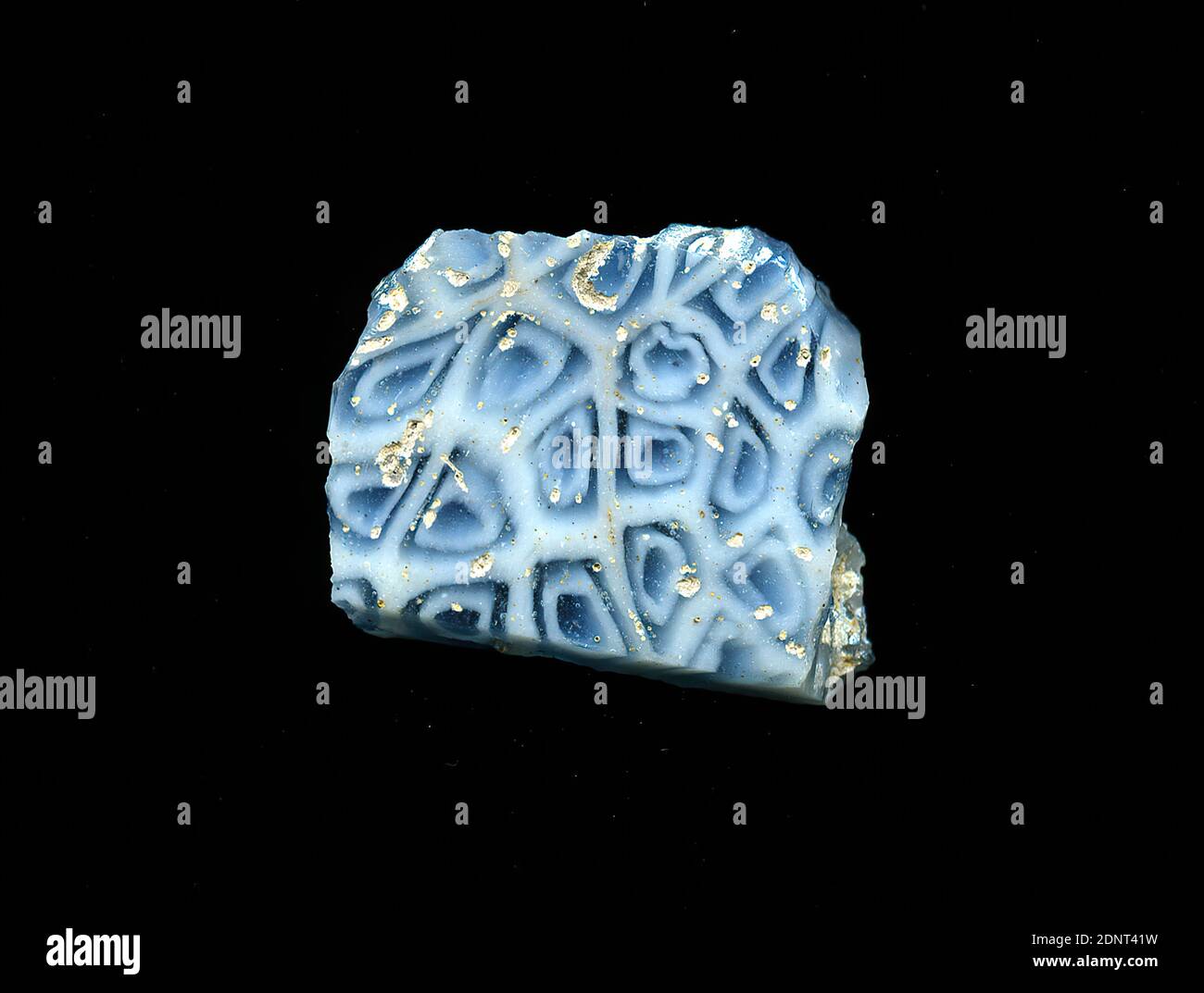 Fragment d'un vaisseau, verre, pressé, coupé, Total: Hauteur: 2.40 cm; largeur: 1.90 cm, début de la période impériale, UNE légère courbure du fragment de verre permet l'attribution à un vaisseau, éventuellement un bol. Plusieurs formes polygonales bleues avec des bordures bleues sont visibles sur un fond blanc, qui sont probablement destinées à former des fleurs. Pour la production, des verres de différentes couleurs ont été formés en tubes et en tiges. Ils ont été pressés ensemble et chauffés, ce qui a donné une longue tige. Le verre, maintenant coupé en tranches, avait une variété de motifs amorphes ou floraux. Banque D'Images