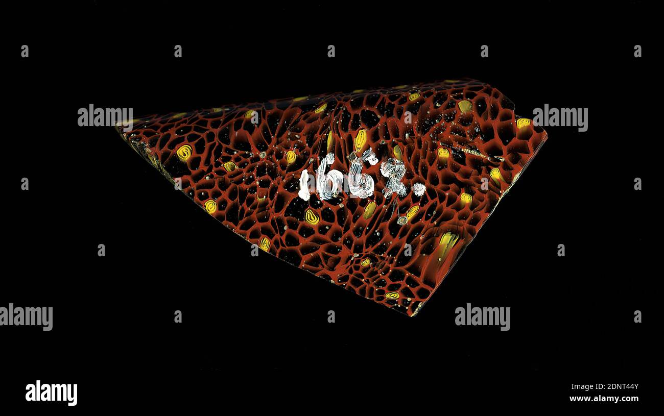 Fragment d'un vaisseau, verre, technique millefiori, Total: Hauteur: 6.90 cm; largeur: 4.00 cm, contenant, stockage, cuisine, ustensiles de bar et de boisson, ornements floraux, début de la période impériale, UNE légère courbure du fragment de verre permet l'affectation à un vaisseau, probablement un bol. Le verre noir est parsemé d'une grille rouge rappelant les nids de miel. Parfois, des spirales jaunes se trouvent dans les espaces entre elles. Pour la production, des verres de différentes couleurs ont été formés en tubes et en tiges. Ils ont été pressés ensemble et chauffés, ce qui a donné une longue tige. Banque D'Images