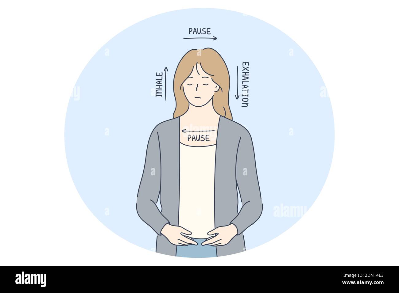 Concept stress, overwork, Breathe. Jeune femme avec les yeux fermés sentir le stress et la lecture en quatre étapes pour l'inspiration, la pause, l'expiration et la pause aga Illustration de Vecteur