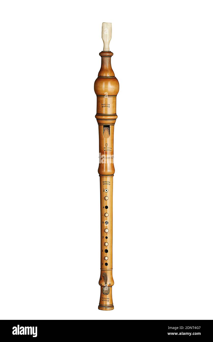 John Parker, anglais Flageolet, buis, total (embout buccal: 40 mm; partie supérieure: 36 mm; capuchon vent: 68 mm; embout tête: 82 mm; embout pied: 196 mm; longueur totale: 422 mm; longueur de l'élément sonore: 266 mm): Longueur: 422 mm (longueur totale); longueur: 266 mm (longueur de l'élément sonore), marquage: Sur les quatre parties de l'instrument: Parker, Londres, une fois avec l'addition C, les instruments à vent Banque D'Images