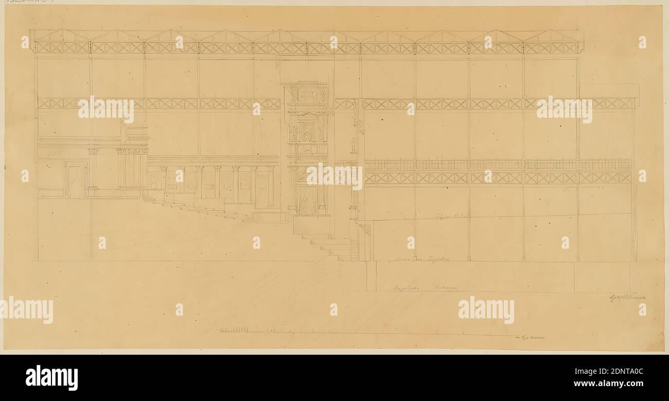 Semper de Gottfried, section longitudinale. Design pour le Richard-Wagner-Festspielhaus dans le Palais de verre de Munich, projet C, papier à tracer, dessin, taille de la feuille: Hauteur: 35.7 cm; largeur: 68.6 cm, signé: Recto: En plomb: Gottfried Semper, inscrit: Recto sur le carton: En encre: Prov. [Ajouté en chef] Festival Théâtre du Professeur Gottfried Semper à Zurich, en chef: Glass Palace, G. Semper 179-21-9, 11, dessins de conception, coupé à travers une architecture, opéra, architecture, dessin architectural ou modèle Banque D'Images