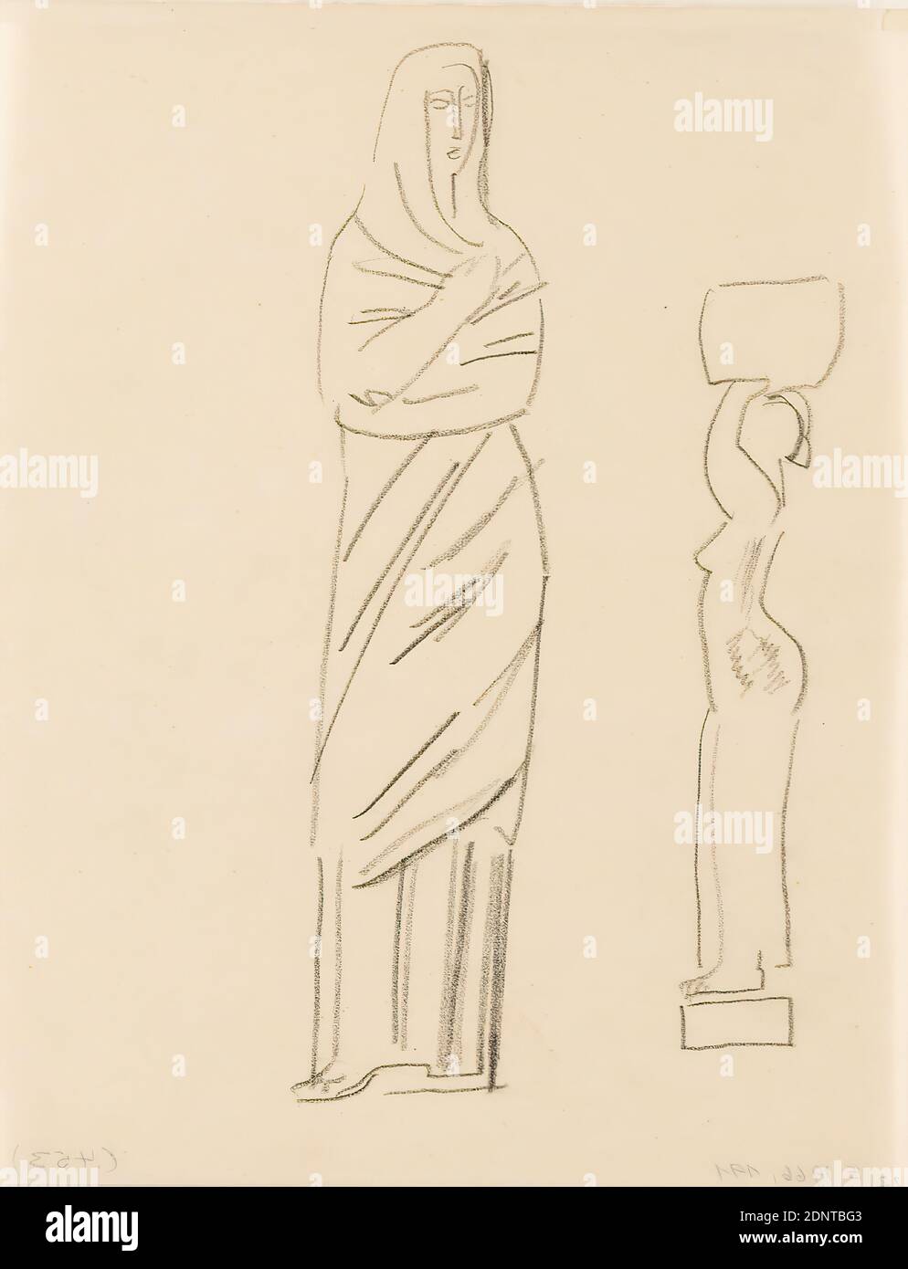 Gustav Heinrich Wolff, feuille d'étude avec figurine de vêtement debout (II) et porte-panier, crayon, vellum, dessin, crayon sur vellum, total: Hauteur: 21.9 cm; largeur: 17.5 cm, non marqué, croquis, dessins, dessin, graphiques, figure debout, coiffures, postures, positions de la figure humaine, sculpture, sculpture, art de la sculpture, art classique, modernisme dessin d'une figure féminine dans un vêtement avec voile de tête en vue avant et un panier ou un pichet porteur debout sur un piédestal en profil à gauche. De toute évidence, la conception d'une sculpture (cf. Krugrägererin, 1930, Holthusen 1964, sculpture no 131). Banque D'Images