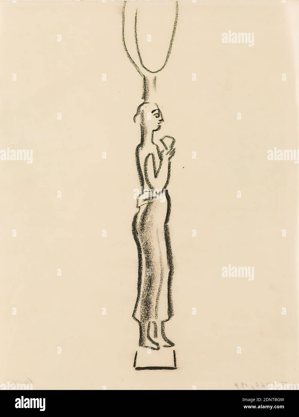 Gustav Heinrich Wolff, Femme debout avec miroir (II), parchemin, charbon de bois pour dessin, dessin, charbon de bois sur parchemin, Total: Hauteur: 21.9 cm; largeur: 17.5 cm, non marqué, croquis, dessins, dessin, graphiques, figure debout, sculpture, sculpture, art sculptural, modernisme classique, figure féminine debout en robe sur une petite plinthe avec un cercle sur sa tête (miroir? ), en profil à droite. Feuille simple (Bl. 20) du sketchbook octobre à décembre 1924 (en partie créé pendant le séjour de Wolff à Hambourg Banque D'Images