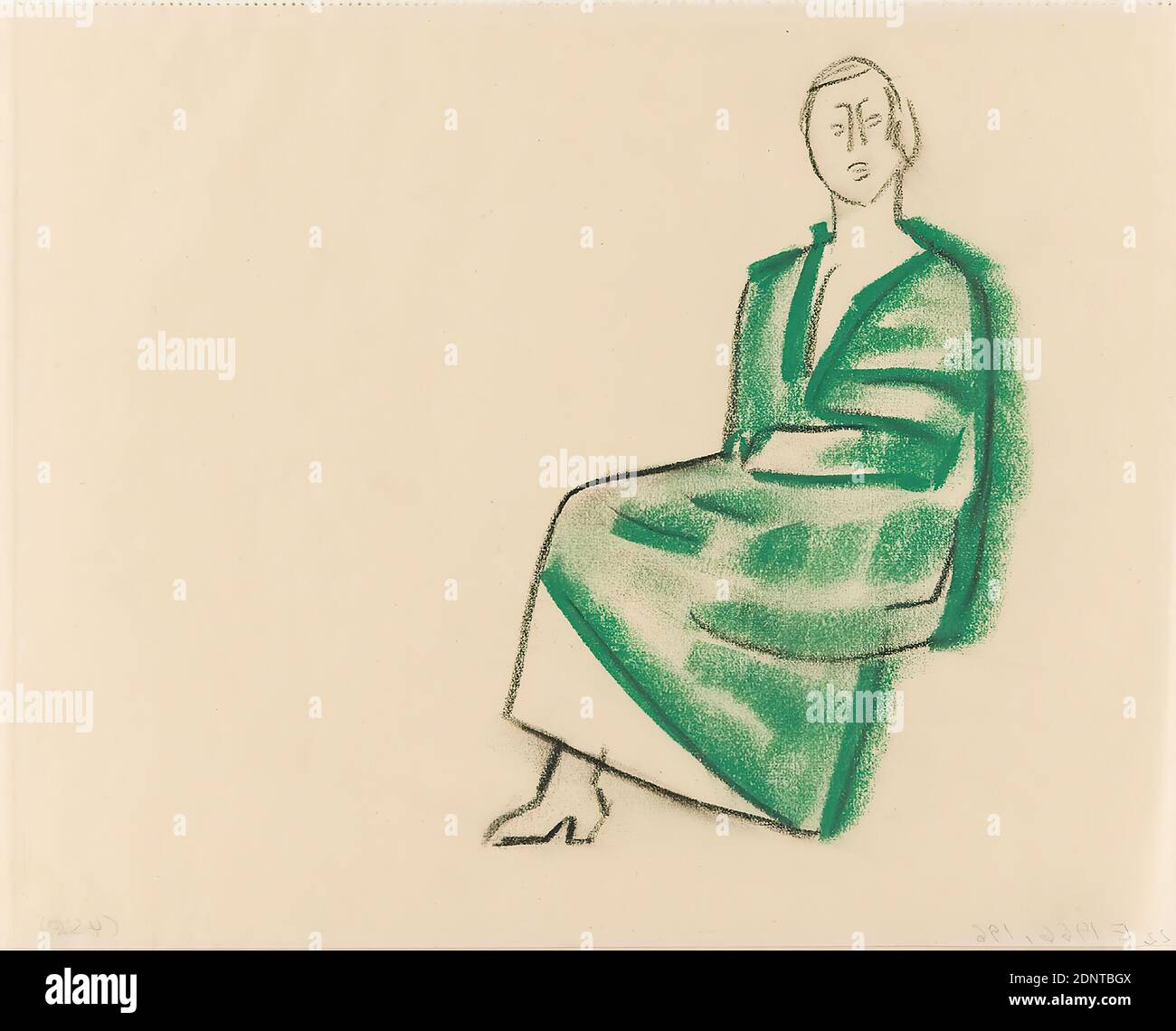 Gustav Heinrich Wolff, assis (II), craie pastel, dessin de charbon de bois, parchemin, dessin, charbon de bois et pastel sur parchemin, Total: Hauteur: 17.5 cm; largeur: 21.9 cm, non marqué, croquis, dessin, graphiques, figure assise, femme, vert, veste, manteau, cape, cape, Classic Modernism, feuille simple (Bl. 22) du sketchbook octobre à décembre 1924 (en partie créé pendant le séjour de Wolff à Hambourg Banque D'Images