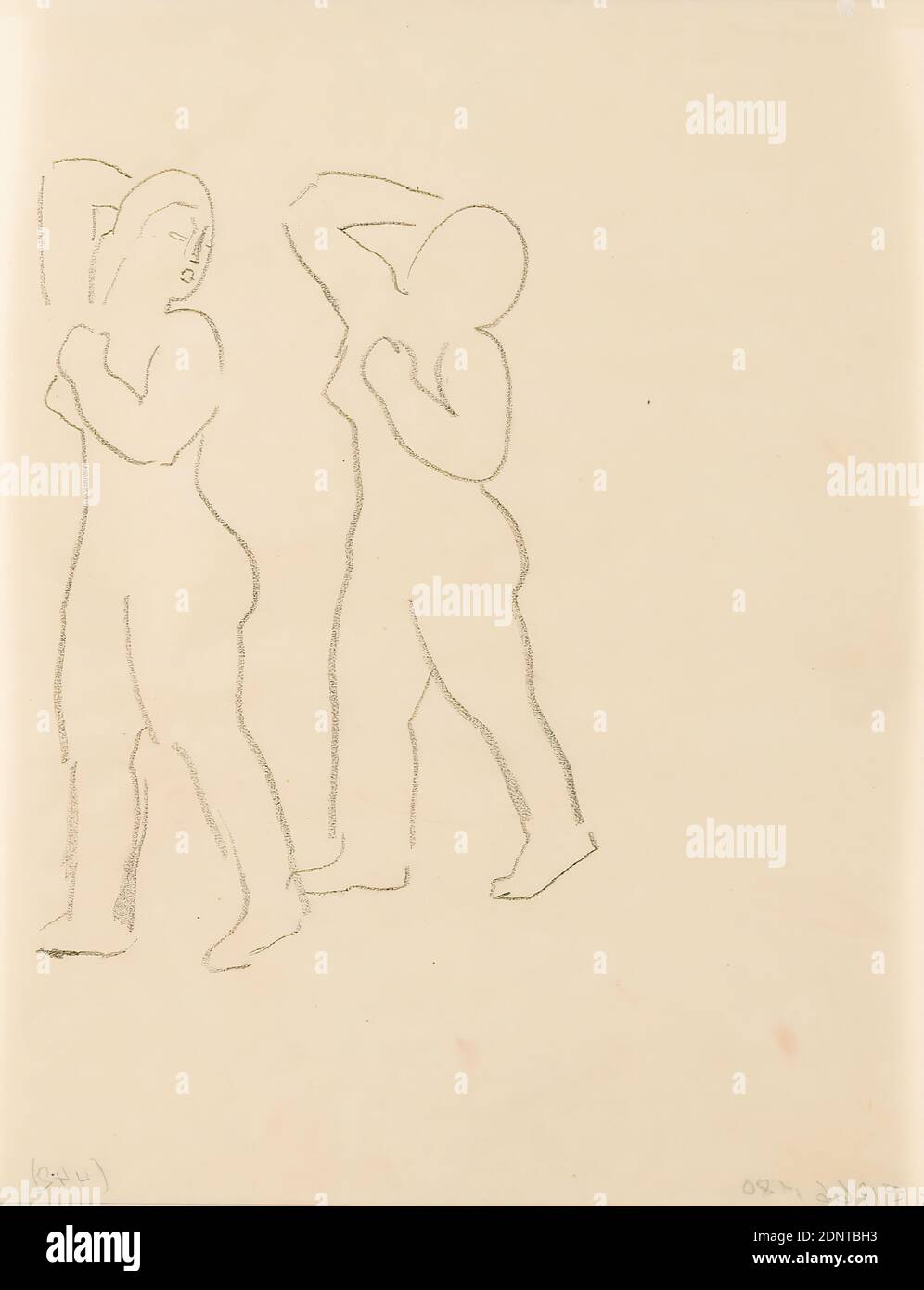 Gustav Heinrich Wolff, deux études sur le callipyge (II), crayon, parchemin, dessin, crayon sur parchemin, total: Hauteur: 21.9 cm; largeur: 17.5 cm, non marqué, croquis, dessin, graphiques, Histoire de Vénus (Aphrodite), modernisme classique, feuille d'étude pour une femme debout, Avec le bras droit relevé et tenant le bras gauche devant son corps, la tête en demi profil vers la droite, regardant vers l'arrière au-dessus de l'épaule (Aphrodite Kallipygos ou venus Kallipygos) feuille simple (Bl. 6) du carnet d'esquisse d'octobre à décembre 1924 (en partie créé pendant le séjour de Wolff à Hambourg). Cf Banque D'Images