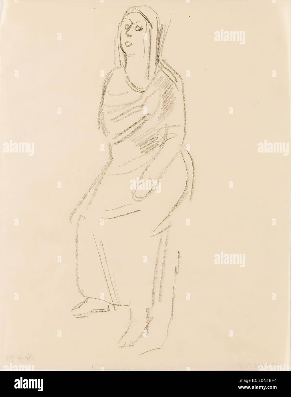 Gustav Heinrich Wolff, figurine assise en robe (II), crayon, parchemin, dessin, crayon sur parchemin, Total: Hauteur: 21.9 cm; largeur: 17.5 cm, non marqué, croquis, dessin, graphiques, figurine assise, modernisme classique, feuille simple (Bl. 13) du sketchbook octobre à décembre 1924 (en partie créé pendant le séjour de Wolff à Hambourg Banque D'Images