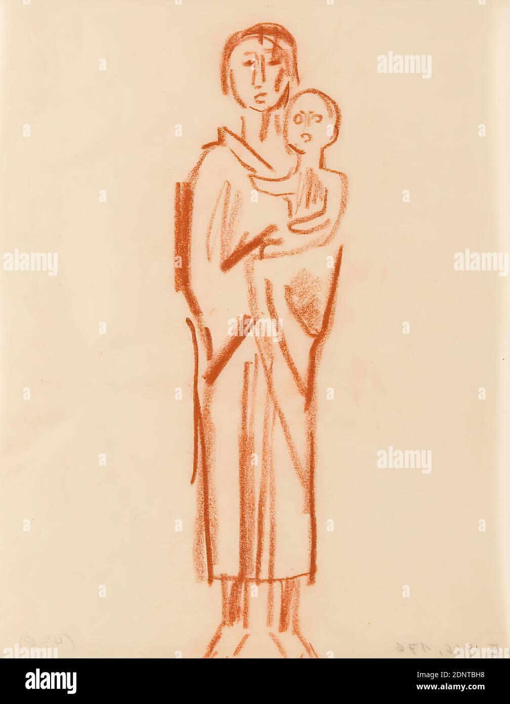 Gustav Heinrich Wolff, mère avec enfant (II), craie rouge, parchemin, dessin, craie rouge sur parchemin, Total: Hauteur: 21.9 cm; largeur: 17.5 cm, non marqué, croquis, dessin, graphique, mère, bébé, nourrisson (âge), figure debout, modernisme classique, feuille simple (Bln. 2) du sketchbook octobre à décembre 1924 (en partie créé pendant le séjour de Wolff à Hambourg Banque D'Images