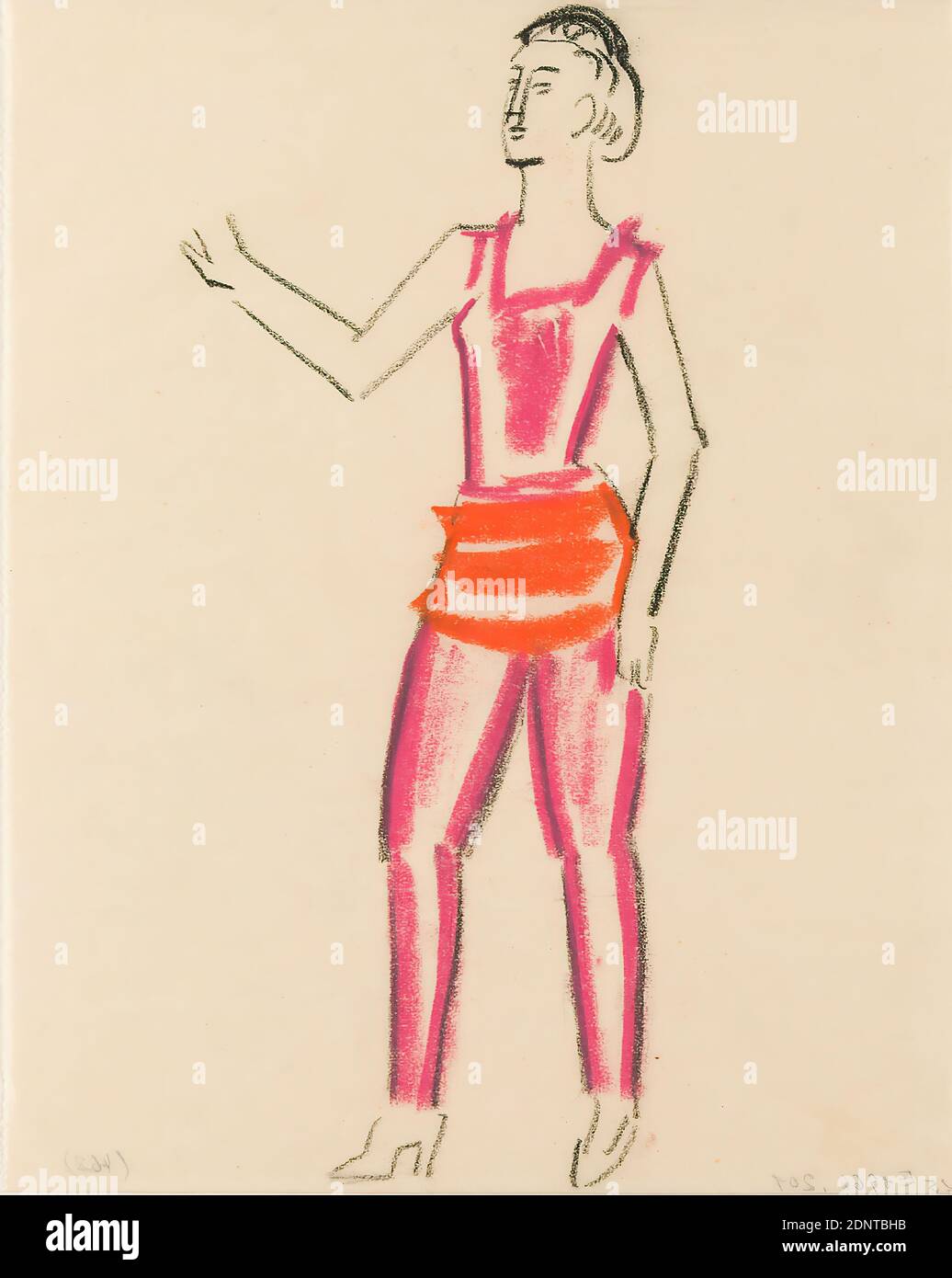 Gustav Heinrich Wolff, debout (II), craie pastel, charbon de bois, parchemin, dessin, charbon de bois et pastel sur parchemin, total (21.9 x 17.5): Hauteur: 21.9 cm; largeur: 17,5 cm, non marqué, croquis, dessin, graphiques, figure debout, femme, mode, vêtements, couleurs et pigments, modernisme classique, femme debout dans un costume rose ajusté et près du corps et une jupe orange (ou tissu attaché autour des hanches? ), portant des chaussures à talons hauts. Feuille simple (p. 25) du sketchbook octobre à décembre 1924 (en partie créé pendant le séjour de Wolff à Hambourg Banque D'Images
