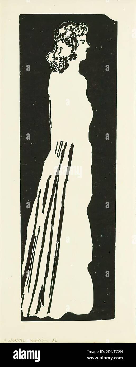 Gustav Heinrich Wolff, White woman, papier japonais, coupe de bois, bloc de bois sur papier japonais, taille de l'image: Hauteur: 60,3 cm; largeur: 18,5 cm, timbre de domaine GUSTAV H. WOLFF NACHLASS sur verso, gravure, impression, Free Graphic Art (gravure,impression), figure debout, femme, modernisme classique, femme blanche (1930), Holthusen No graphique 82. L'imprimé actuel est un imprimé plus récent des blocs de bois que Max Sauerlandt a secouru du studio de Wolff à Berlin en 1933 Banque D'Images
