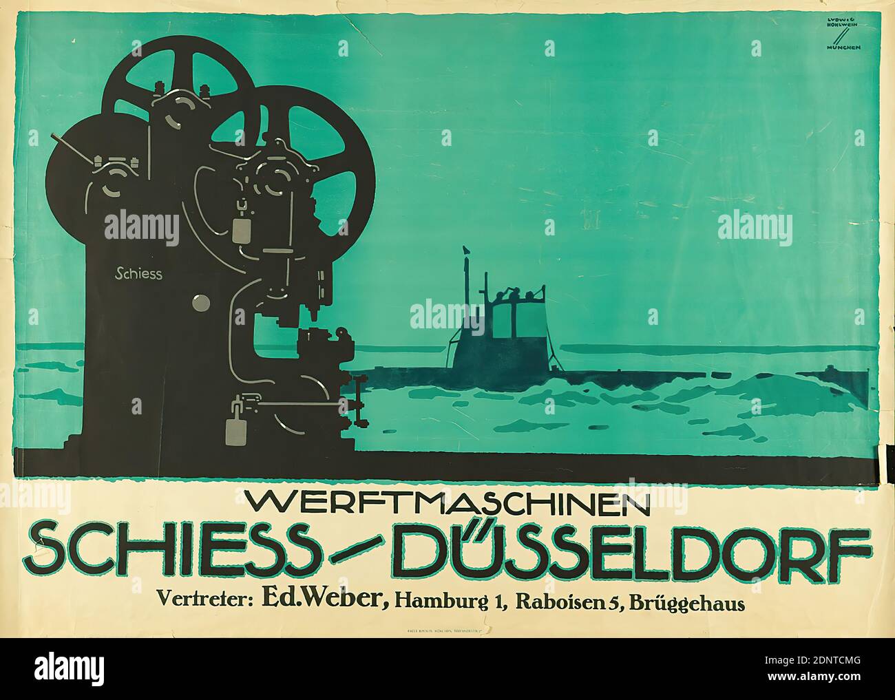 Ludwig Hohlwein, Fritz Maison, Werftmaschinen Schiess Düsseldorf, papier, lithographie, total: Hauteur: 89 cm; largeur: 123.5 cm, signé et inscrit: En haut à droite de la plaque d'impression: LUDWIG HOHLWEIN, MUNICH, publicité de produits et d'affaires (affiches), machines, outils et équipements, sous-marin, mer, chantier naval, quai, construction navale Banque D'Images