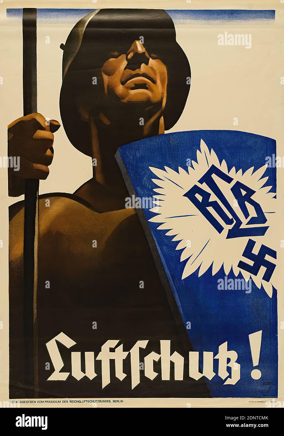 Ludwig Hohlwein, Hermann Sonntag & Co, Luftschutz!, papier, lithographie, total: Hauteur: 84 cm; largeur: 59 cm, signé: Recto U. r. im Druck: LUDWIG HOHLWEIN, MUNICH, affiches de guerre, affiches de propagande, guerre, défense, force aérienne, soldat, civils (guerre), société, organisation Banque D'Images