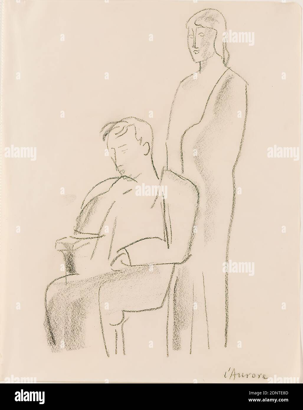 Gustav Heinrich Wolff, l'Aurore II, charbon de bois, papier, dessin, charbon de bois sur papier, Total: Hauteur: 22 cm; largeur: 17,4 cm, titré, LAURORE, dessin, graphiques, croquis, figure debout, figure assise, modernisme classique, homme assis en profil à gauche, derrière lui femme debout en robe longue en demi profil à gauche, titré LAURORE par l'artiste recto en bas à droite. Dans le carnet d'esquisses 1925-26 Banque D'Images