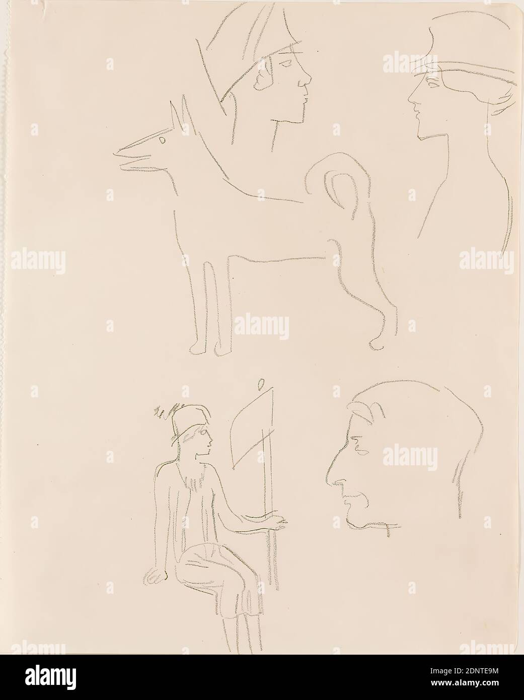 Gustav Heinrich Wolff, feuille de croquis à têtes diverses, figure féminine et chien ou loup, crayon, papier, dessin, crayon sur papier, total: Hauteur: 22.1 cm; largeur: 17.4 cm, dessin, graphiques, croquis, tête, visage, profil (vue latérale), portrait, loup, chien, Max Sauerlandt, modernisme classique, cinq croquis au crayon du carnet 1925-26, probablement en dessous du portrait droit de Max Sauerlandt (1880-1934), ancien directeur de la, et ami et patron de Gustav Heinrich Wolffs Banque D'Images