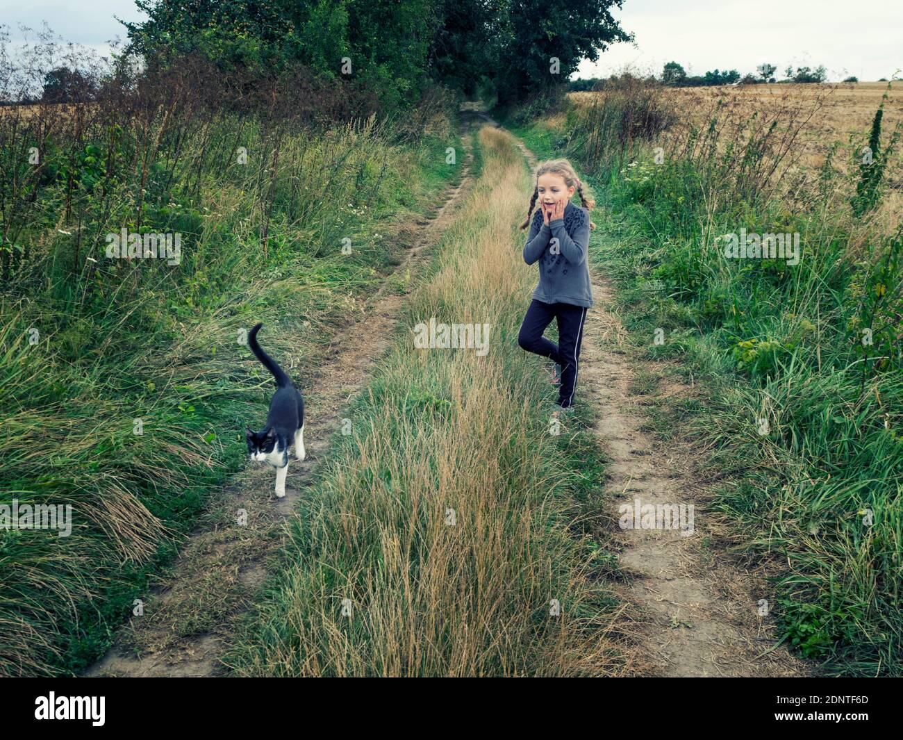 Fille debout sur une route de campagne regardant un chat, la Pologne Banque D'Images