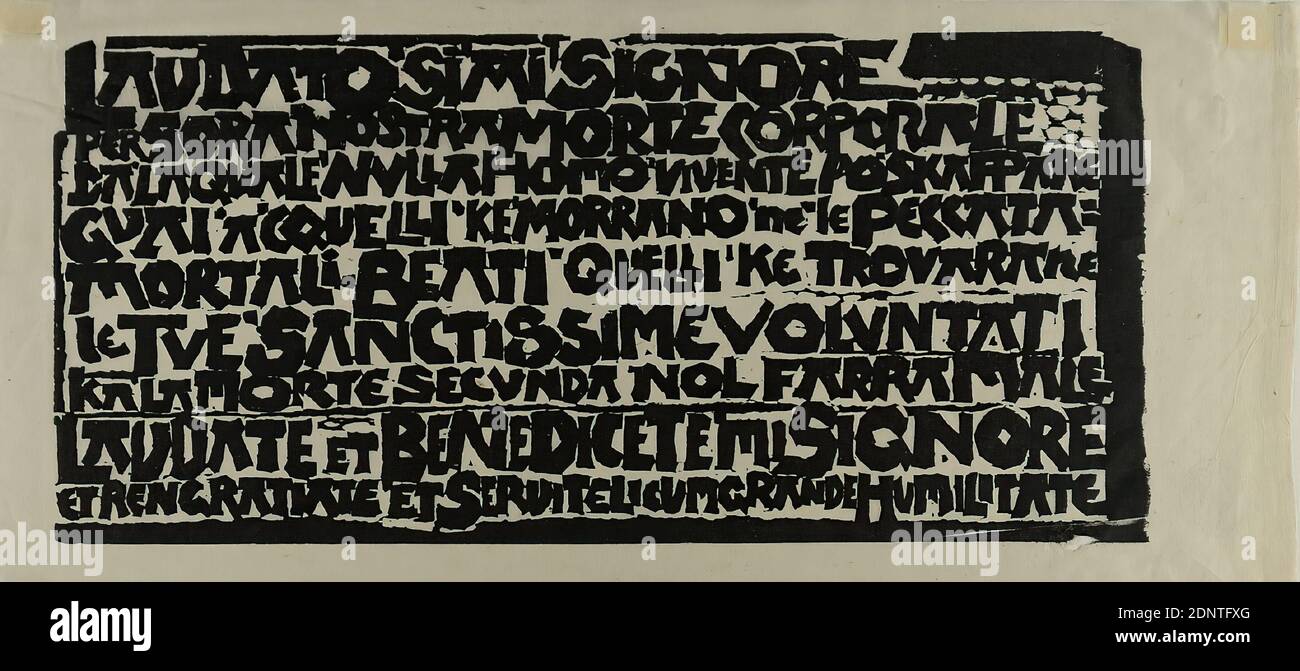 Gustav Heinrich Wolff, Cantico del Sole II, papier de soie, coupe de bois, coupe de bois sur papier de soie, taille de l'image: Hauteur: 13,2 cm; largeur: 28,4 cm, mise en page et typographie, lettres, alphabet, script, religion chrétienne, François d'Assise, culte, service, liturgie, modernisme classique, Cantico del Sole II (1921), Holthusen 1964 n° graphique 23 Banque D'Images