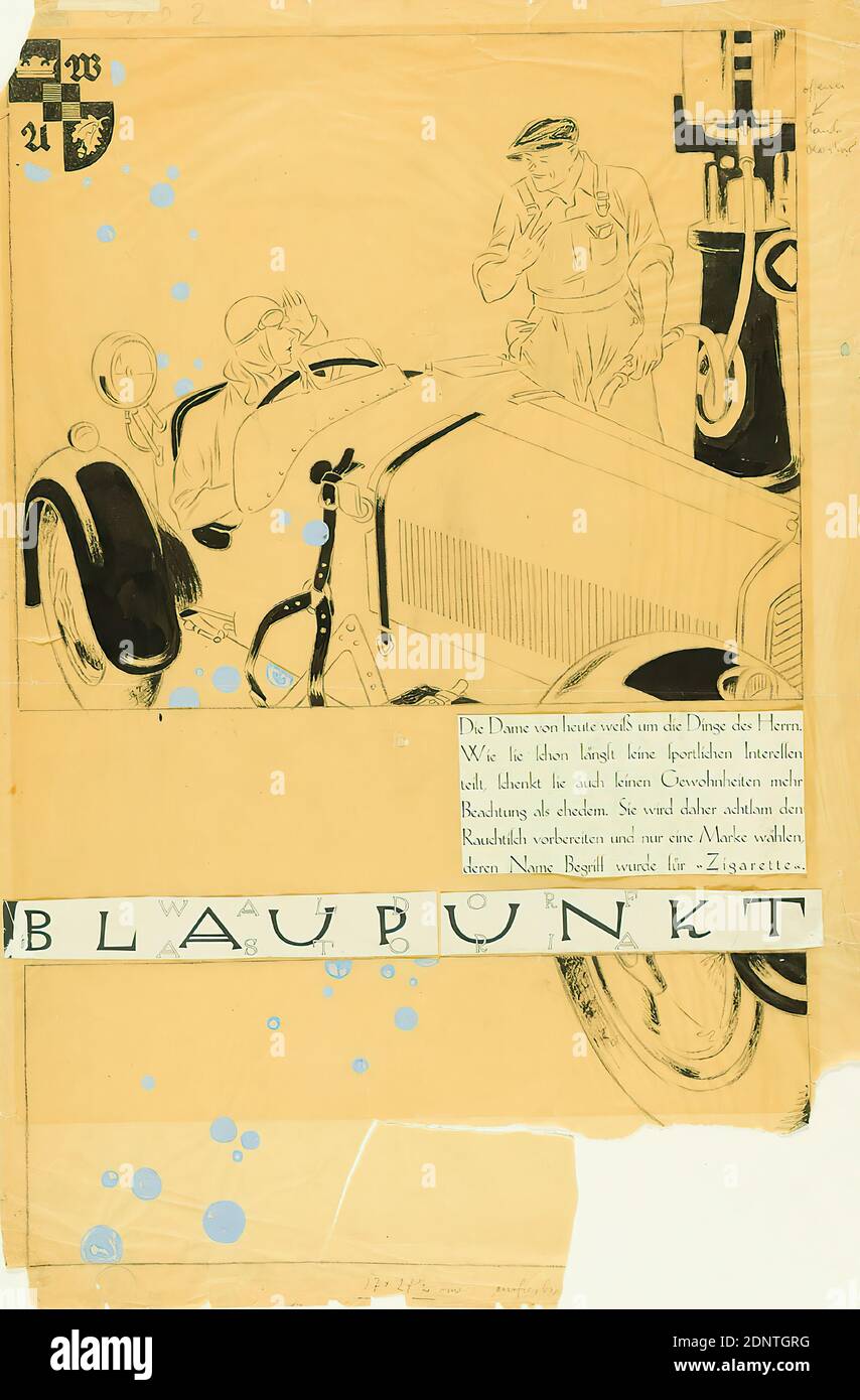 Ernst Dryden, Blaupunkt, glassine, crayon, aquarelle opaque, dessin, collage, dessin à l'encre noire, crayon, gouache bleue, Total: Hauteur: 63.6 cm; largeur: 42.5 cm, inscrit: Recto: Manuscrit en plomb, publicité produit et affaires (graphiques imprimés), voiture, automobile, femme Banque D'Images