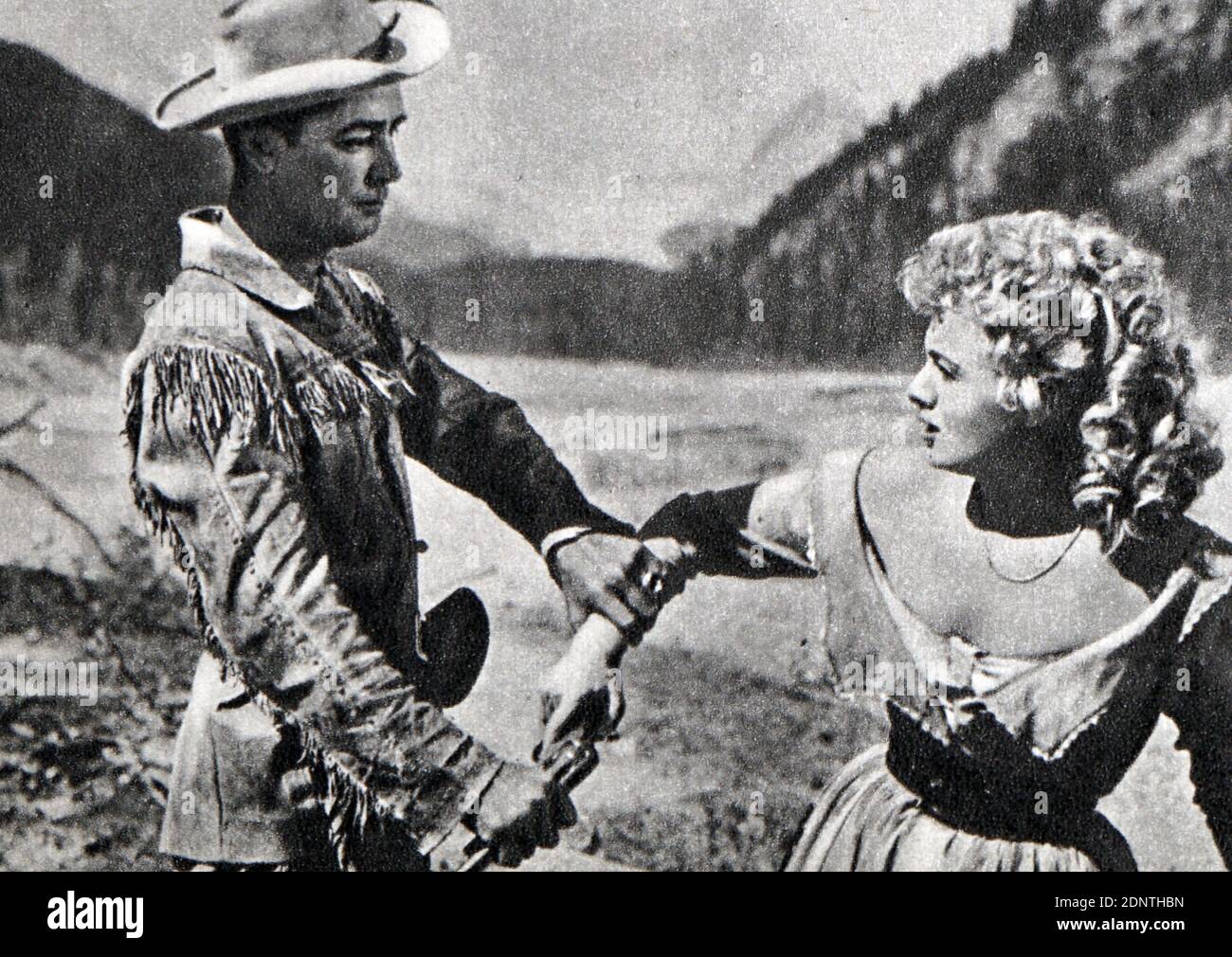 Film encore de 'Saskatchewan' avec Alan Ladd, Shelley Winters, Richard long et Jay Silverheels. Banque D'Images