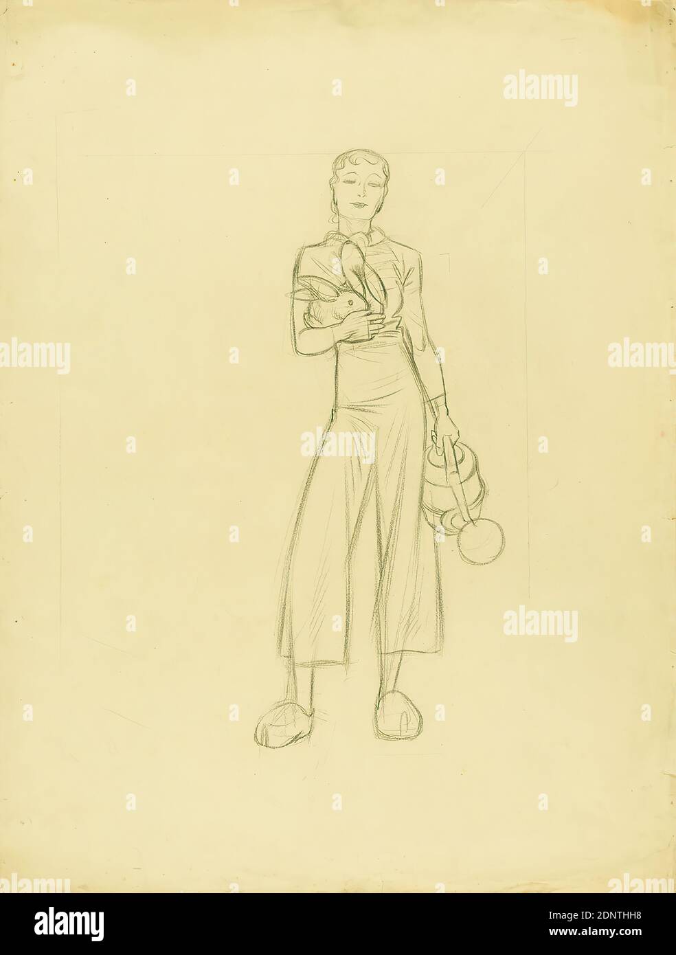 Ernst Dryden, femme avec lapin, papier, crayon, dessin, dessin au crayon, Total: Hauteur: 65 cm; largeur: 49,5 cm, illustrations, mode, vêtements, mode pour femmes, pantalons, lapin, outils de jardin Banque D'Images