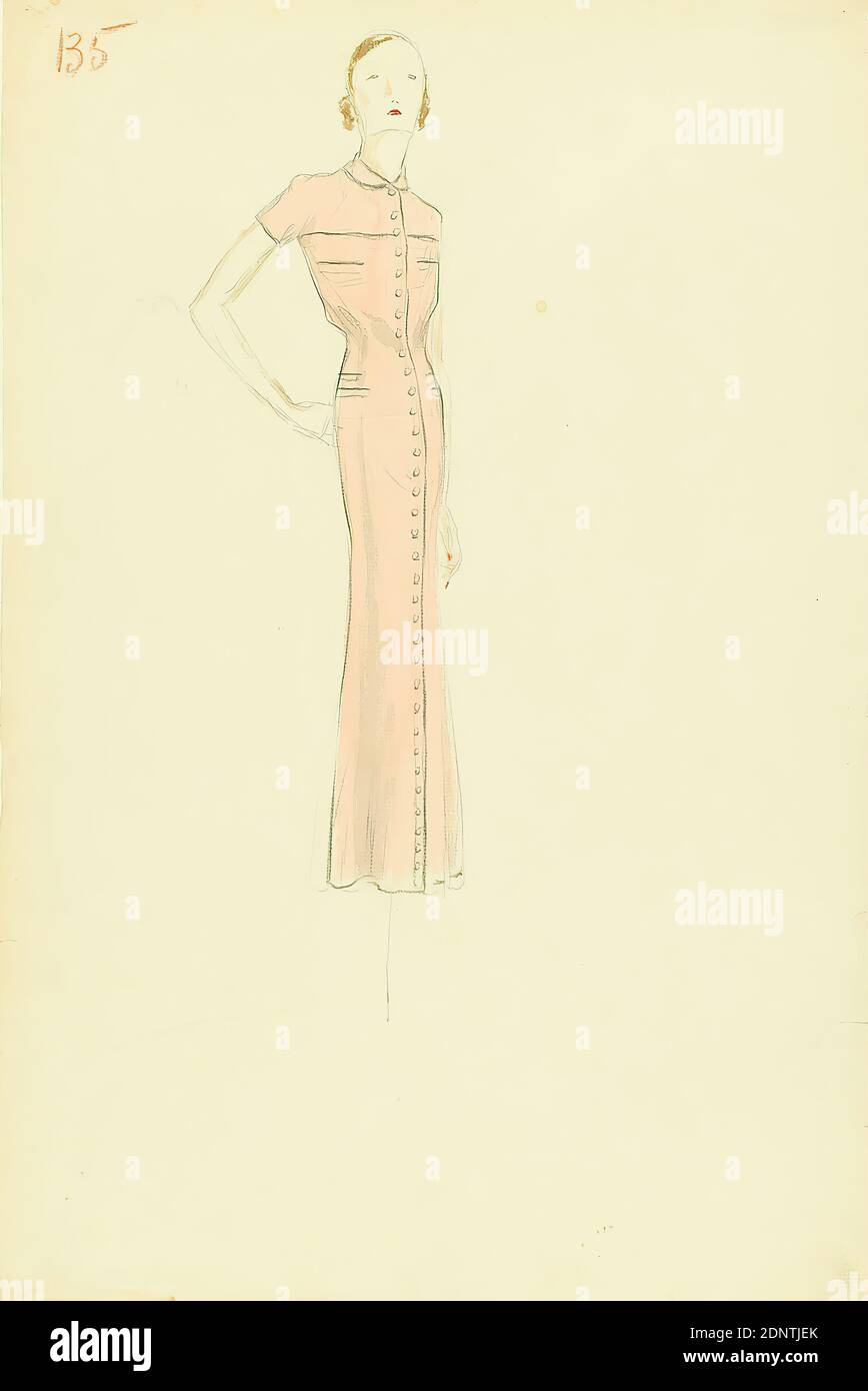 Ernst Dryden, dessin pour robe de femme de couleur rose, papier, aquarelle non opaque, crayon, aquarelle, dessin, aquarelle sur crayon, total: Hauteur: 48.4 cm; largeur: 31.8 cm, numéroté: Recto haut gauche: 135, dessin, graphiques, illustrations, mode, vêtements, mode féminine, robe Banque D'Images