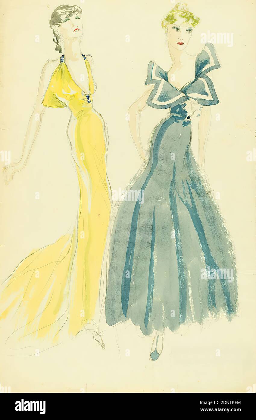 Ernst Dryden, deux dames en robes de soirée, papier, aquarelle non  recouvrant, crayon, aquarelle, dessin, aquarelle