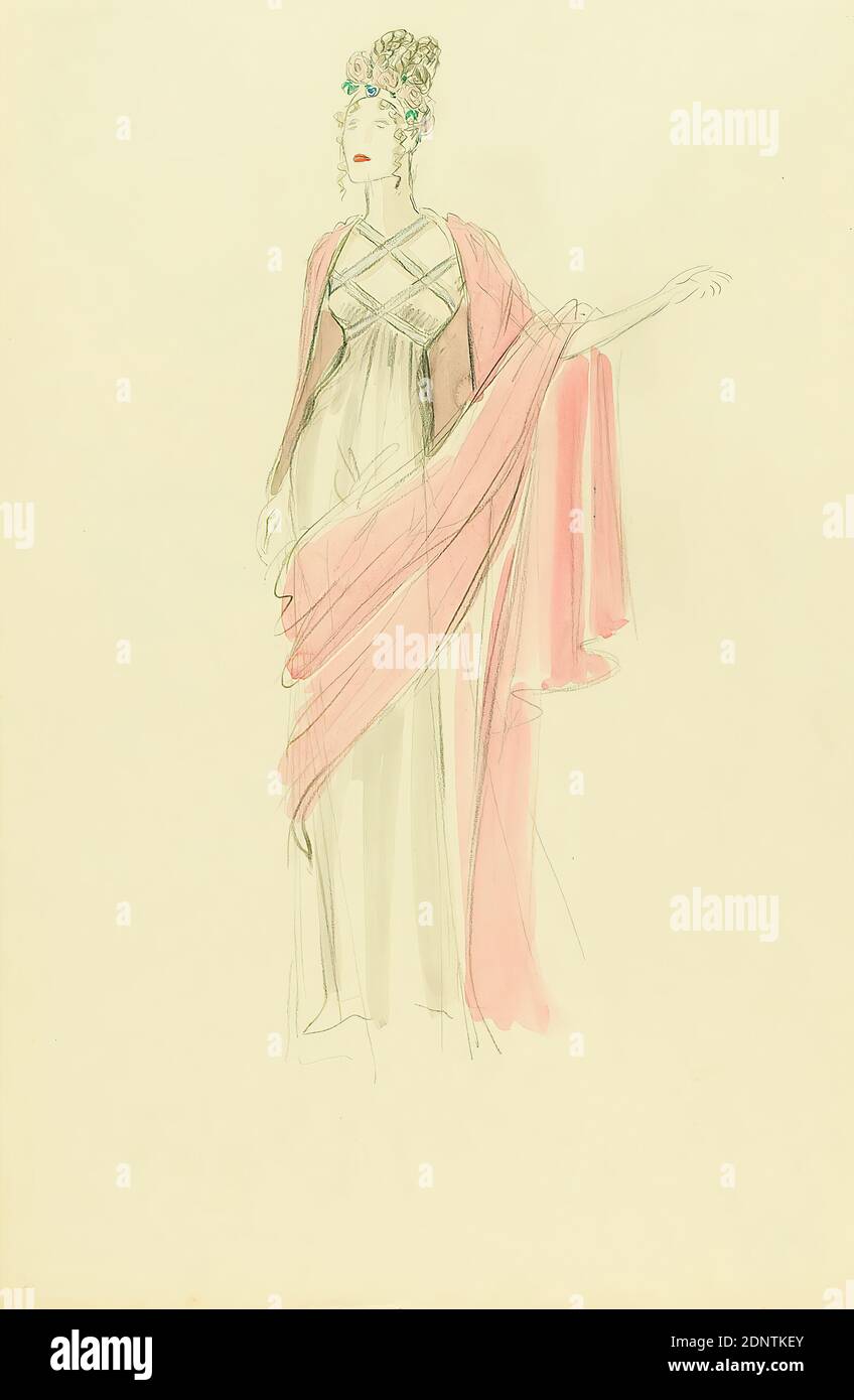 Ernst Dryden, Lady in Greek robe, papier, aquarelle non-opaque, crayon, aquarelle, dessin, aquarelle sur crayon, Total: Hauteur: 45,9 cm; largeur: 30,4 cm, dessin, graphiques, illustrations, mode, vêtements, mode féminine, robe Banque D'Images