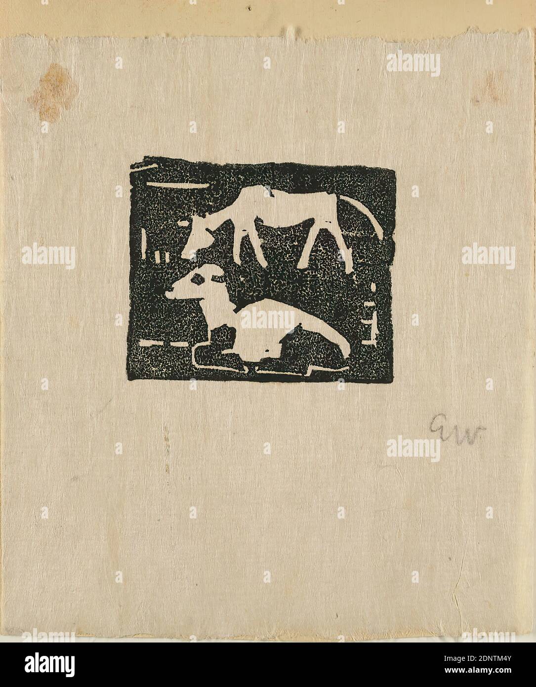 Gustav Heinrich Wolff, Paix de Pâtis II (Rimbaud), papier japonais, coupe de bois, bloc de bois sur le Japon, taille de l'image: Hauteur: 5,6 cm; largeur: 6,8 cm, monogrammé: Recto en bas à droite: Avec crayon: GW, illustrations, graphique gratuit (gravure,matière imprimée), vache, animaux, modernisme classique, Paix de Pâthusen II, Hollittis (1922), graphique n° 1964 27 Banque D'Images