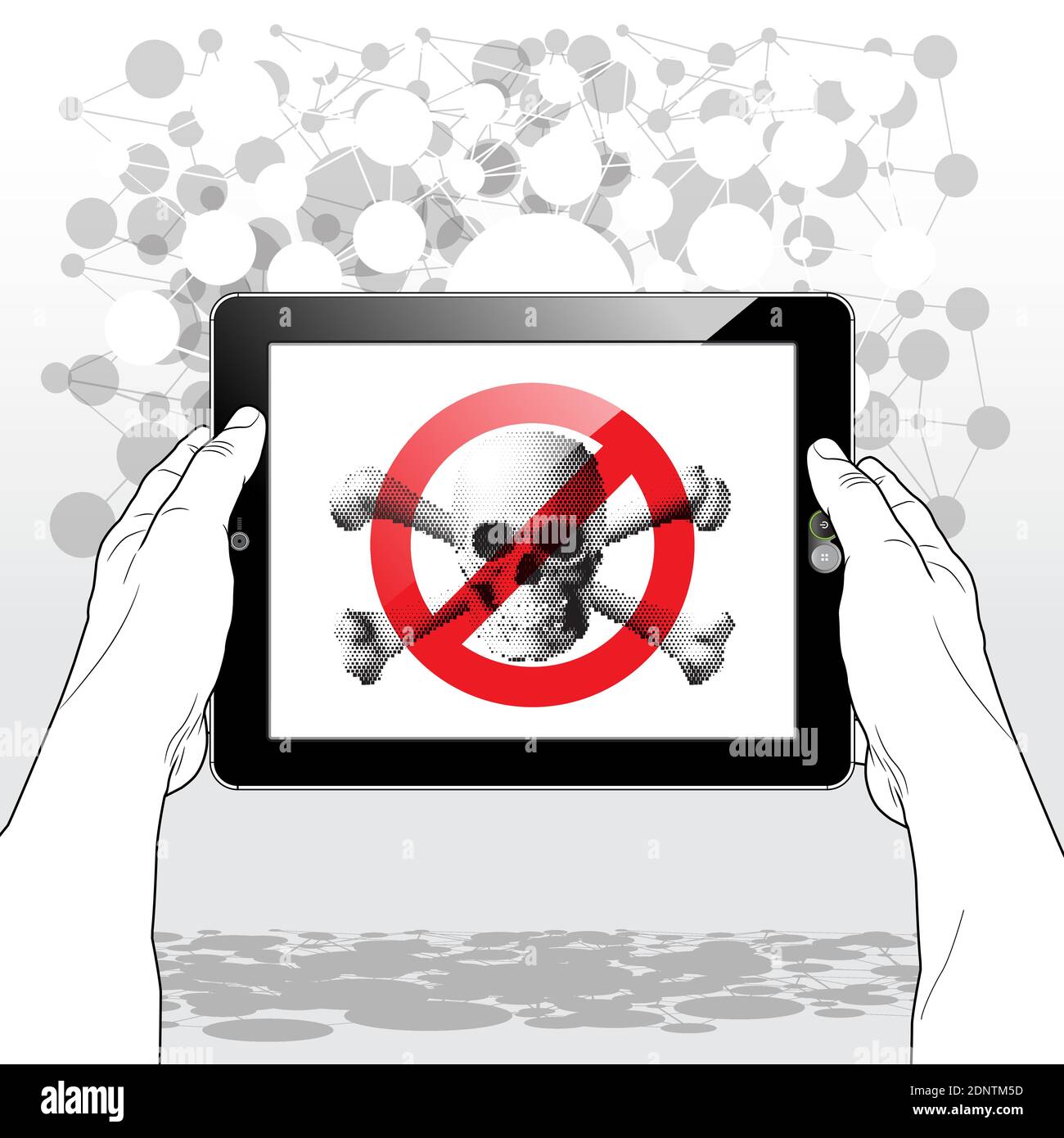Un Tablet PC tenu horizontalement dans les deux mains. Une icône présente un message « aucun contenu piraté installé » s'affiche à l'écran. Illustration de Vecteur