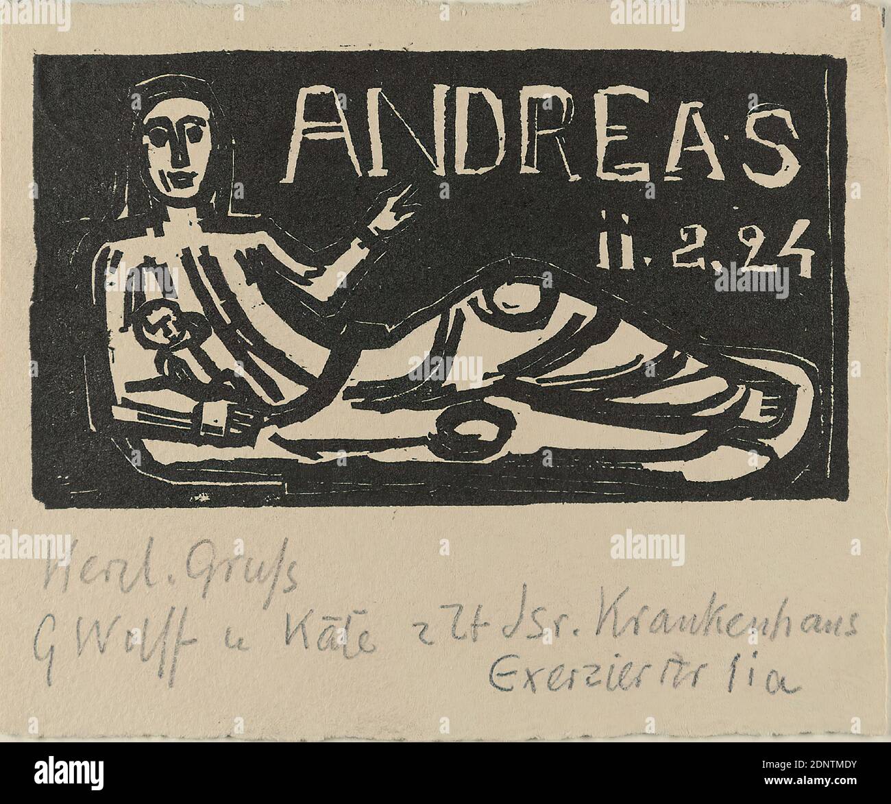 Gustav Heinrich Wolff, annonce de naissance Andreas, papier fait à la main, coupe de bois, coupe de bois sur papier fait à la main, taille de l'image: Hauteur: 7,6 cm; largeur: 13,5 cm, signé et inscrit: Recto unten: Mit Bleistift: Herzl. Salutation G Wolff u Käte à présent ISR. Hôpital Exerzierstr. 91 a, inscription: ANDREAS ii.2.24, annonces/annonces/annonces, personnage menteur, femme, mère, bébé, nourrisson (âge), bébé, bébé (famille/ascendance), artiste et sa famille, naissance, naissance, lettres, alphabet, écriture, Käthe Bock-Wolff, modernisme classique Banque D'Images