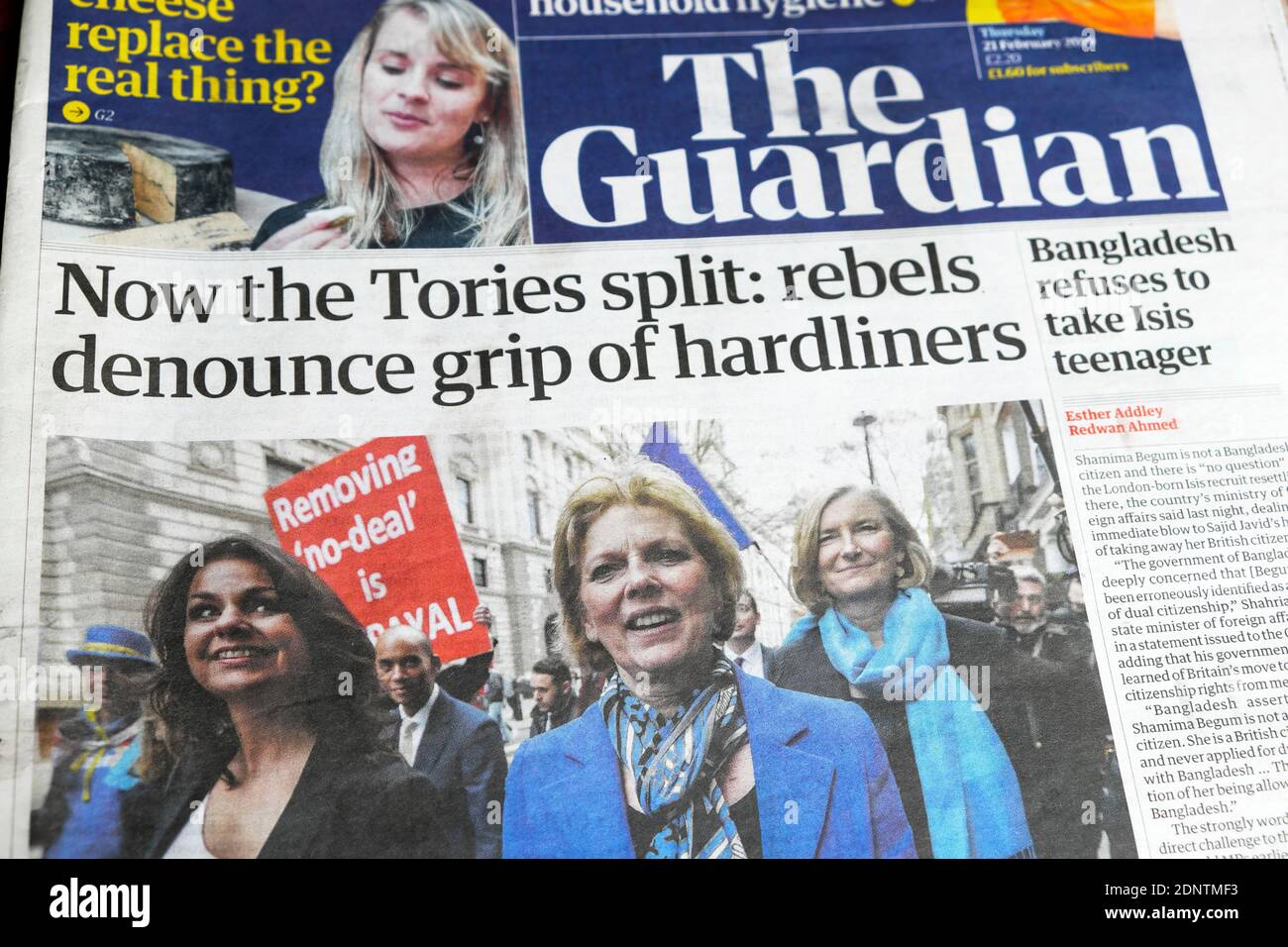 Journal gardien titre "maintenant la division des Tories: Les rebelles dénoncent l'emprise des partisans de la ligne dure" accord de retrait du Brexit Londres UK 21 février 2019 Banque D'Images