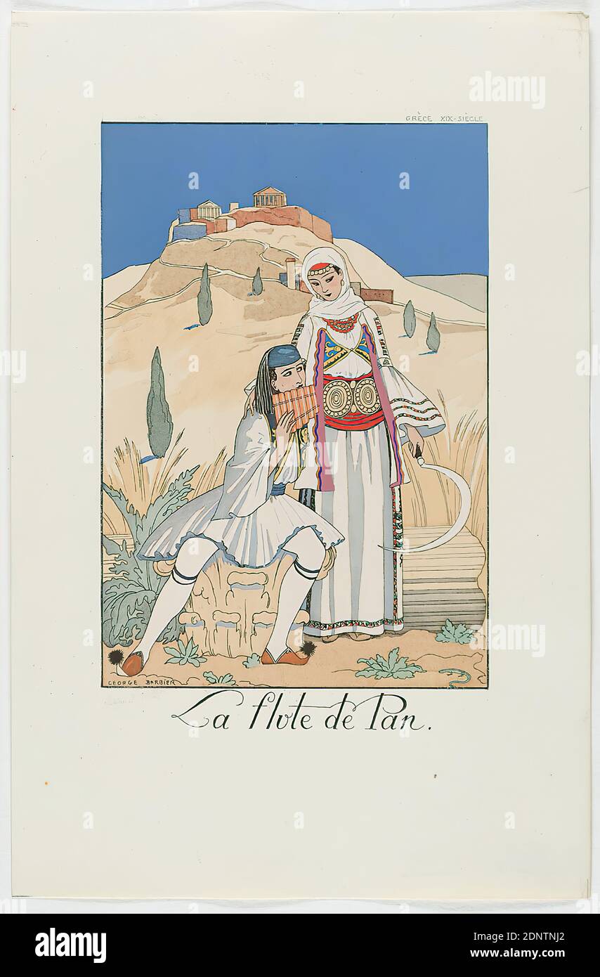 George Barbier, Meynial éditeur, Paris, la flûte de Pan, de la mode almanac Falbales et Fanfreluches 1923, papier fait à la main, aquarelle non opaque, gravure, impression de pochoir (pochoeur), pochoeur et gravure, taille de la feuille: Hauteur: 24,6 cm; largeur: 16 cm, signé, daté et inscrit: Sur la plaque d'impression: GEORGE BARBIER, la flûte de Pan, inscrit : dans la plaque d'impression : GRÈCE XIX SIÈCLE, art graphique/matière imprimée, paysage avec plantes, temples et sanctuaires (religion grecque), mode, habillement, costume folklorique, costume régional, Art Déco Banque D'Images