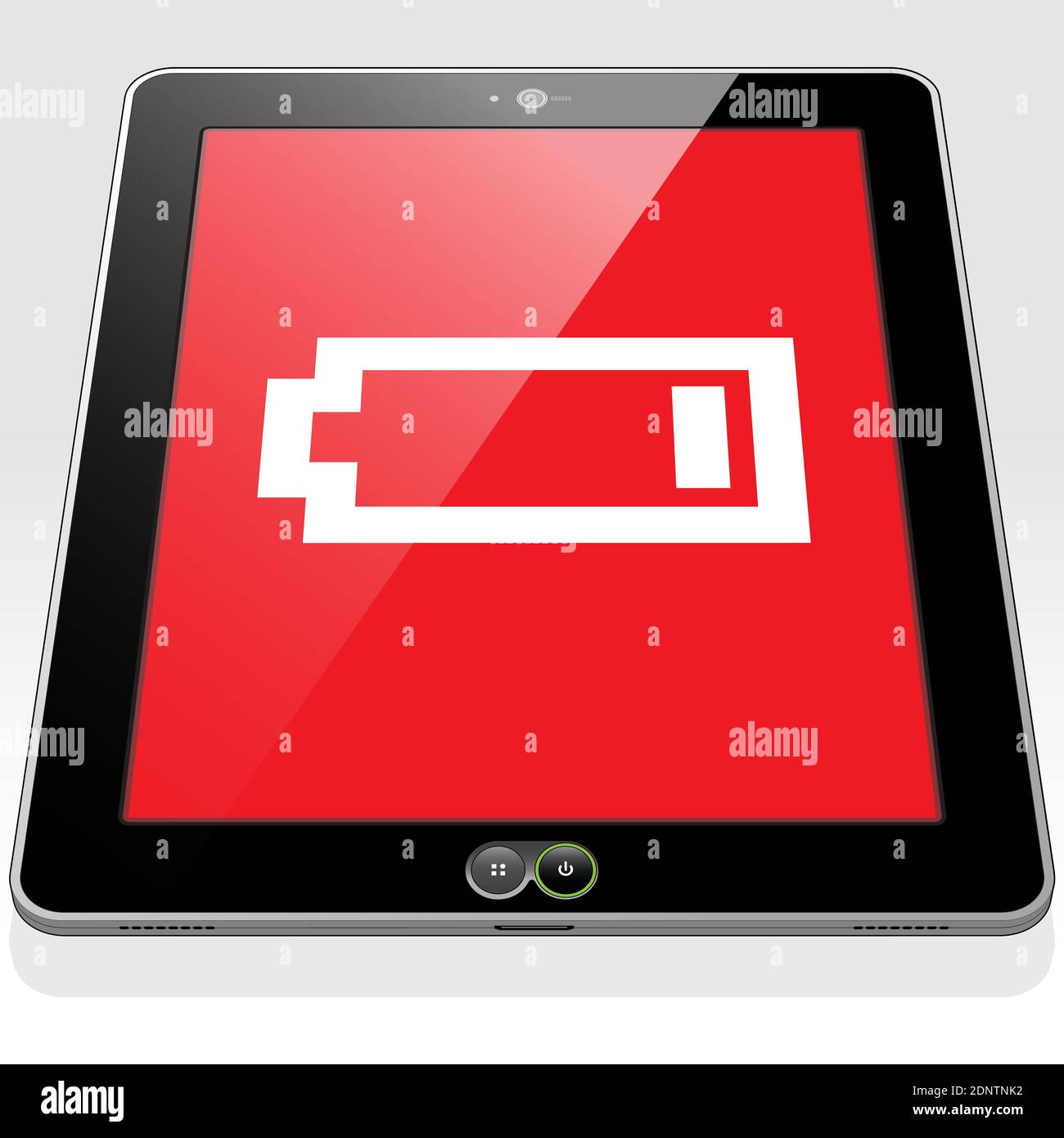 Un Tablet PC avec une icône de charge de batterie très faible et presque vide à l'écran. Illustration de Vecteur